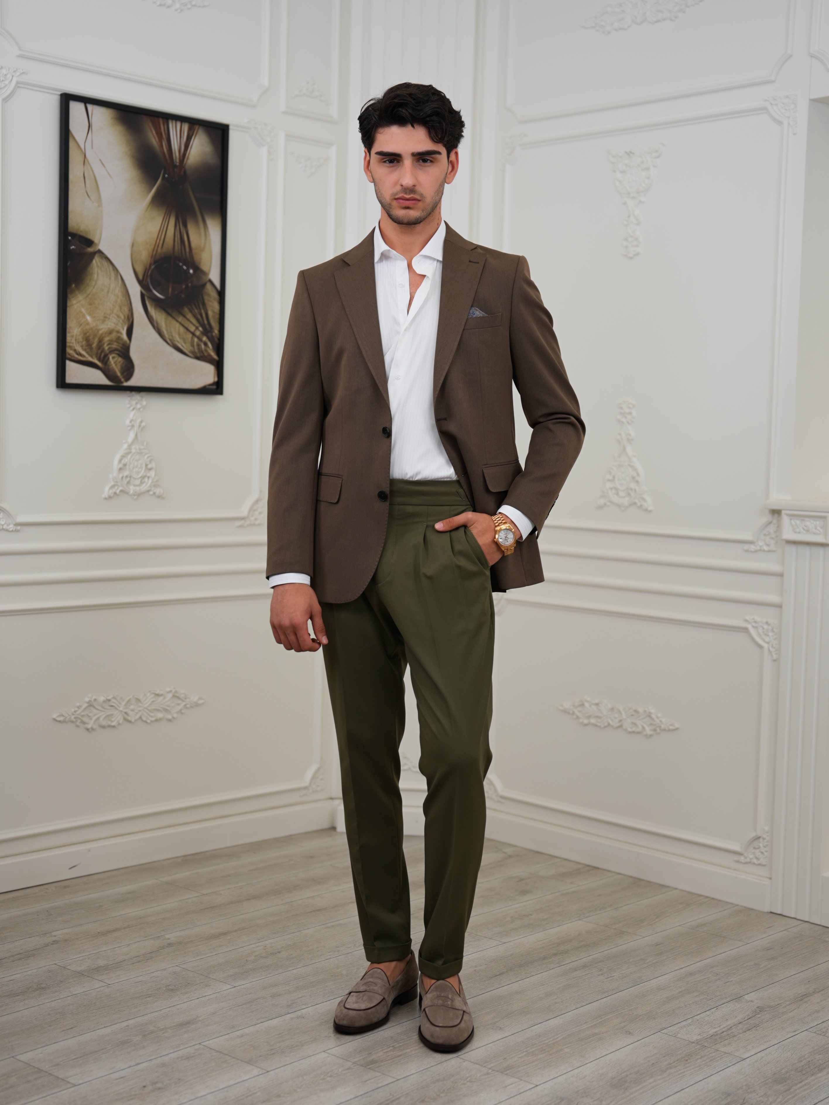 Premium İtalyan Stil Slim Fit Erkek Punto Dikişli Yarım Astarlı Ceket - Sütlü Kahve