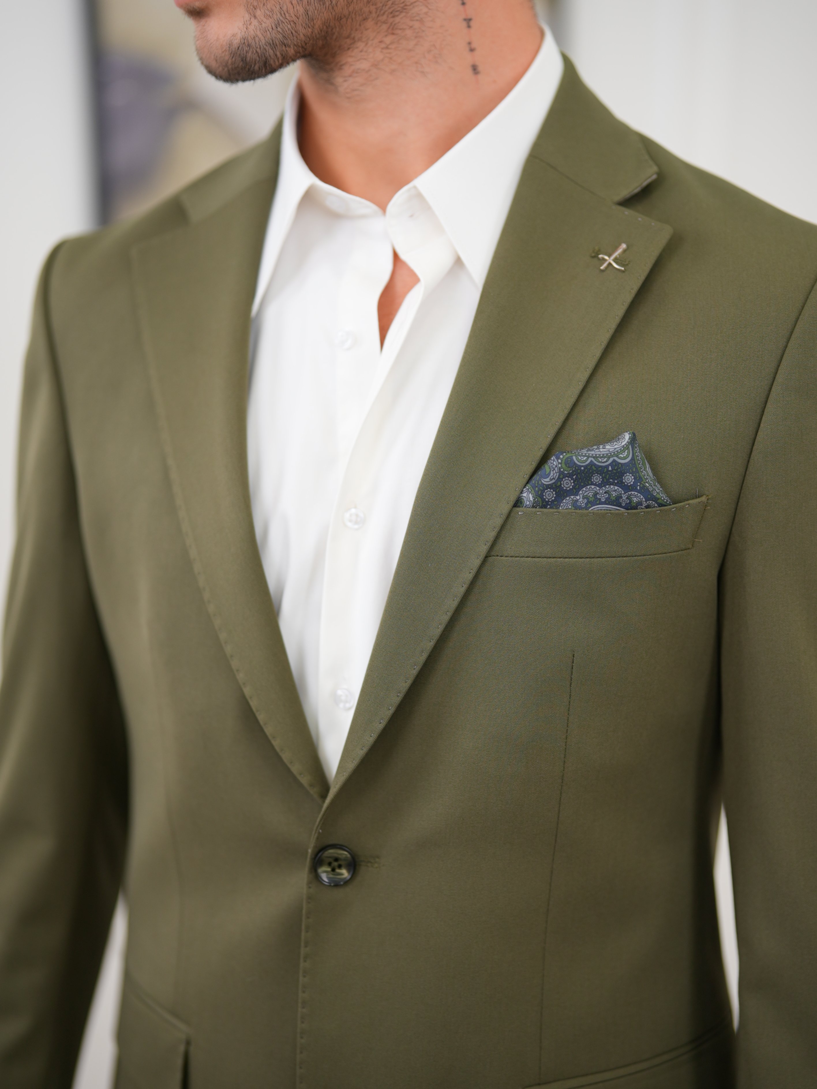 Premium İtalyan Stil Slim Fit Erkek Punto Dikişli Yarım Astarlı Ceket - Haki