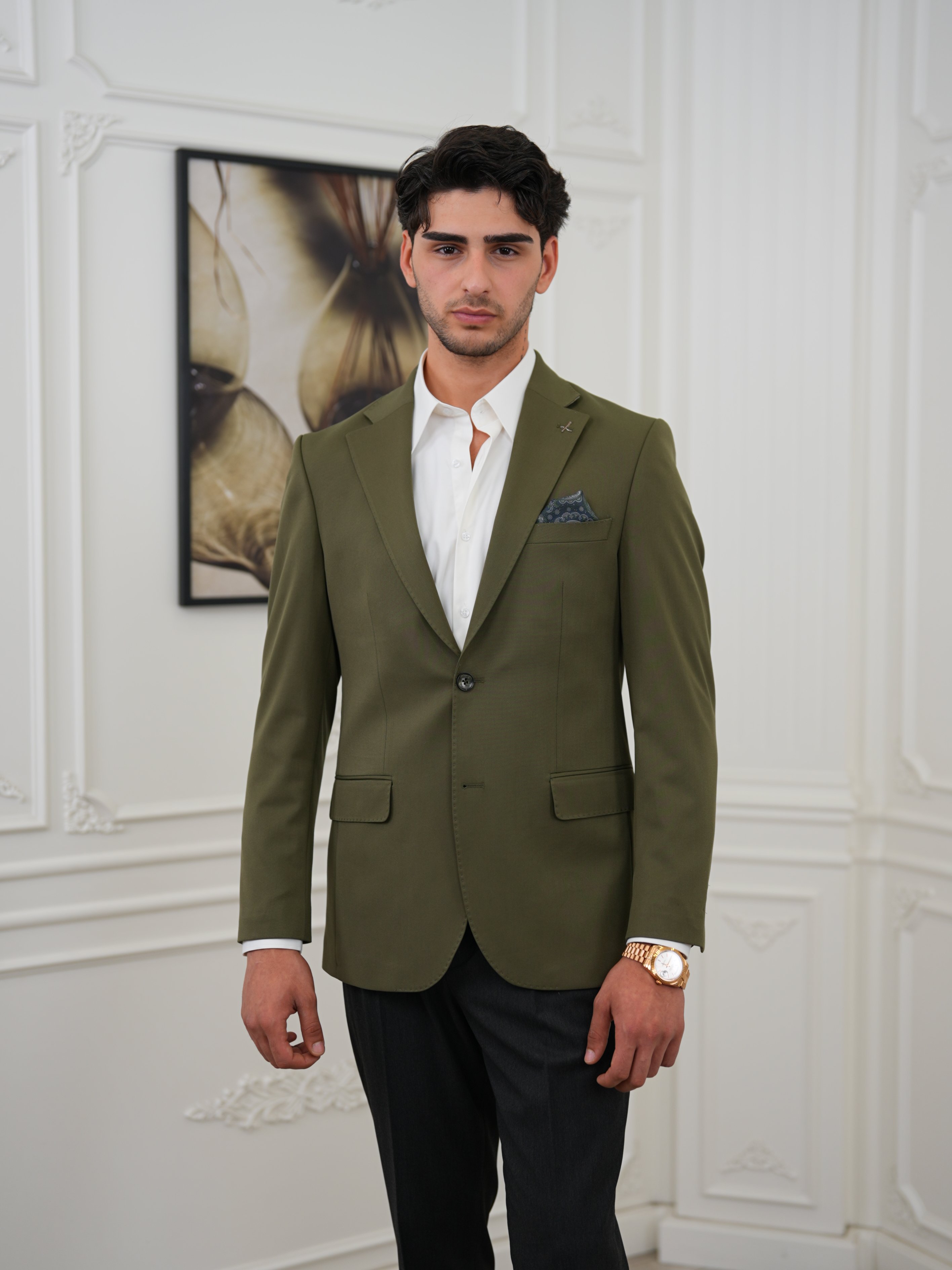Premium İtalyan Stil Slim Fit Erkek Punto Dikişli Yarım Astarlı Ceket - Haki