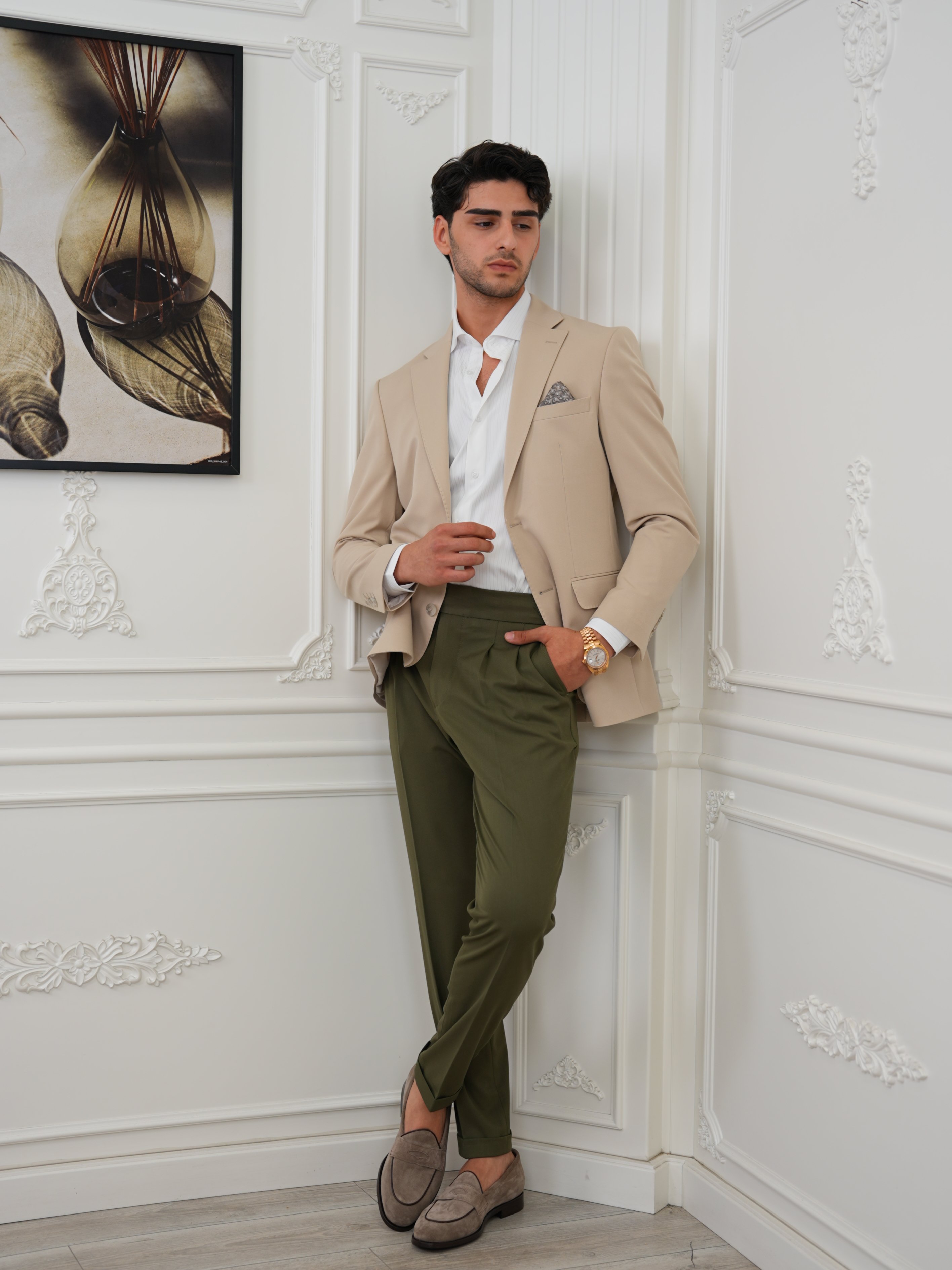 Premium İtalyan Stil Slim Fit Erkek Punto Dikişli Yarım Astarlı Ceket - Krem