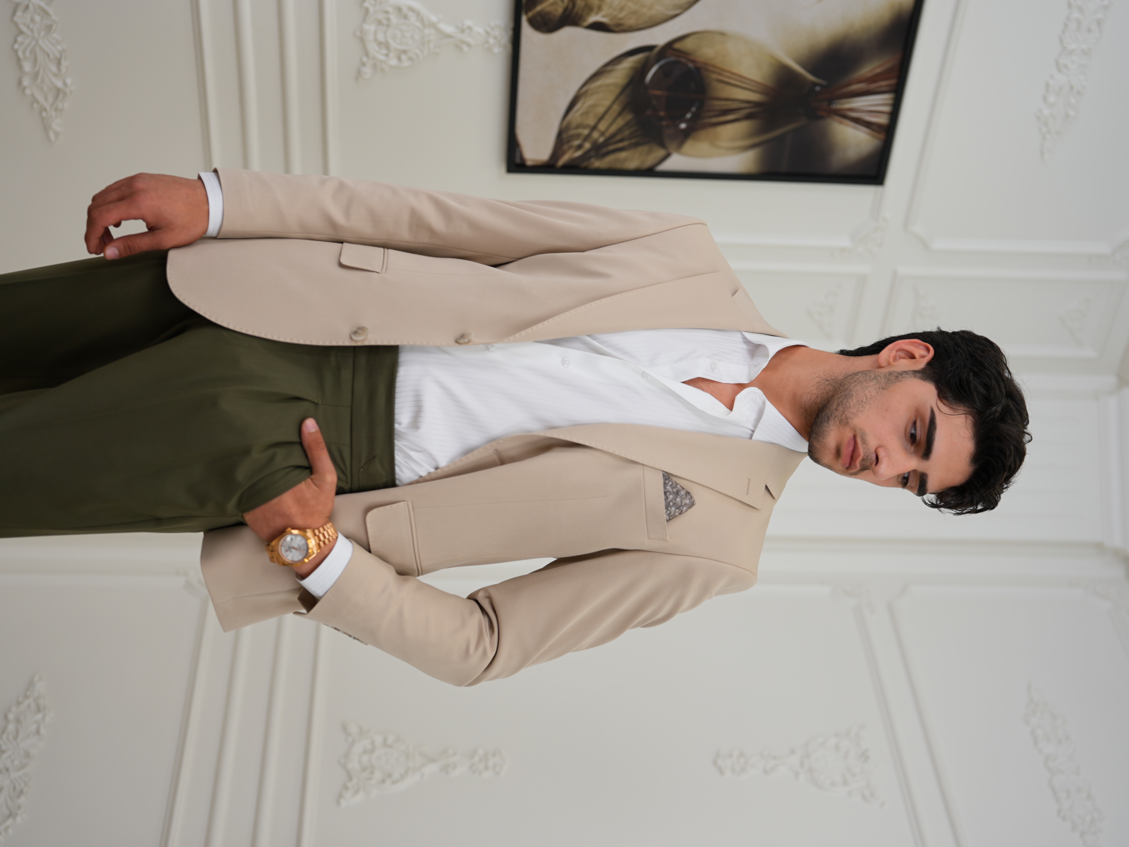 Premium İtalyan Stil Slim Fit Erkek Punto Dikişli Yarım Astarlı Ceket - Krem