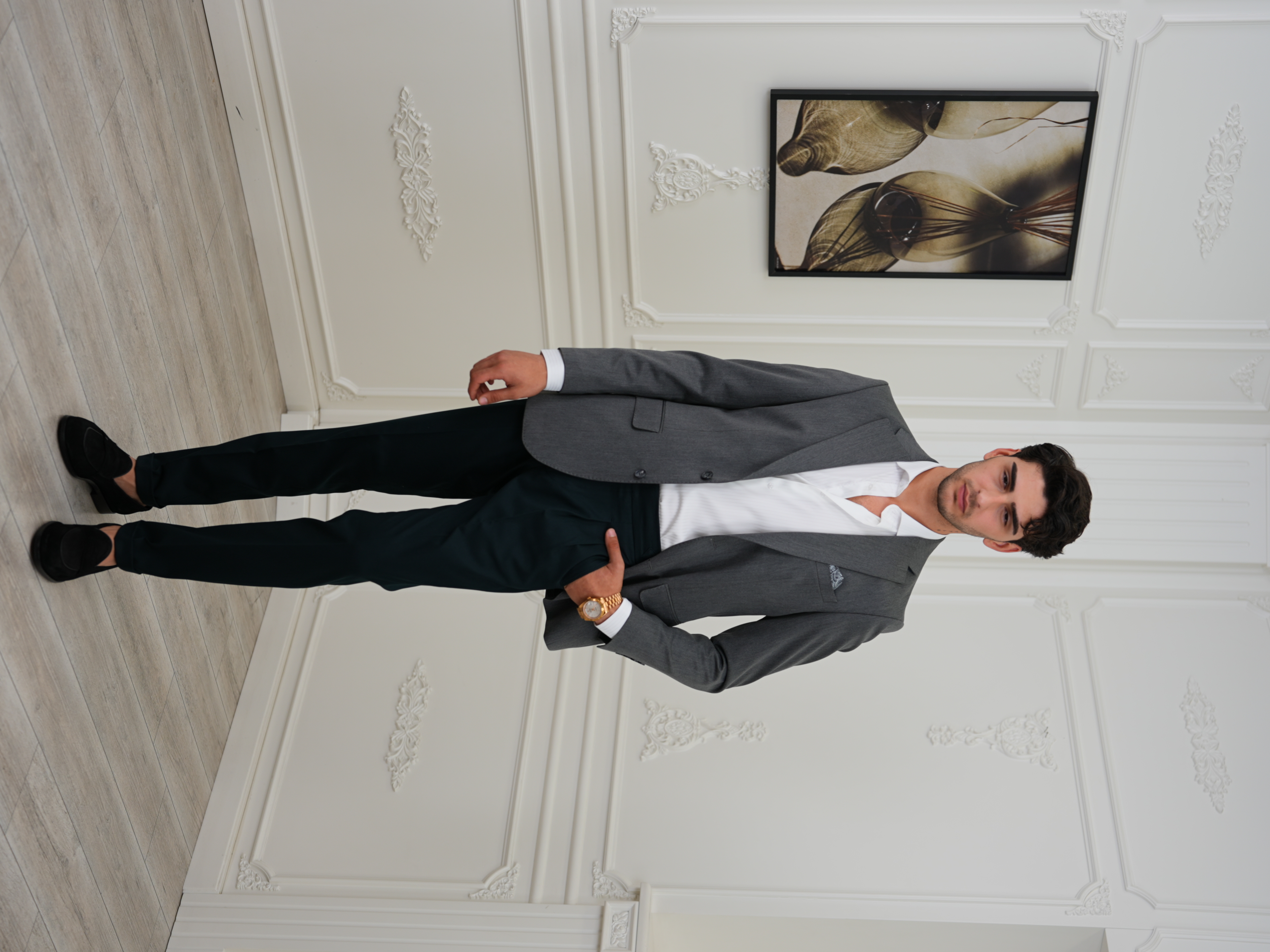 Premium İtalyan Stil Slim Fit Erkek Punto Dikişli Yarım Astarlı Ceket - Füme