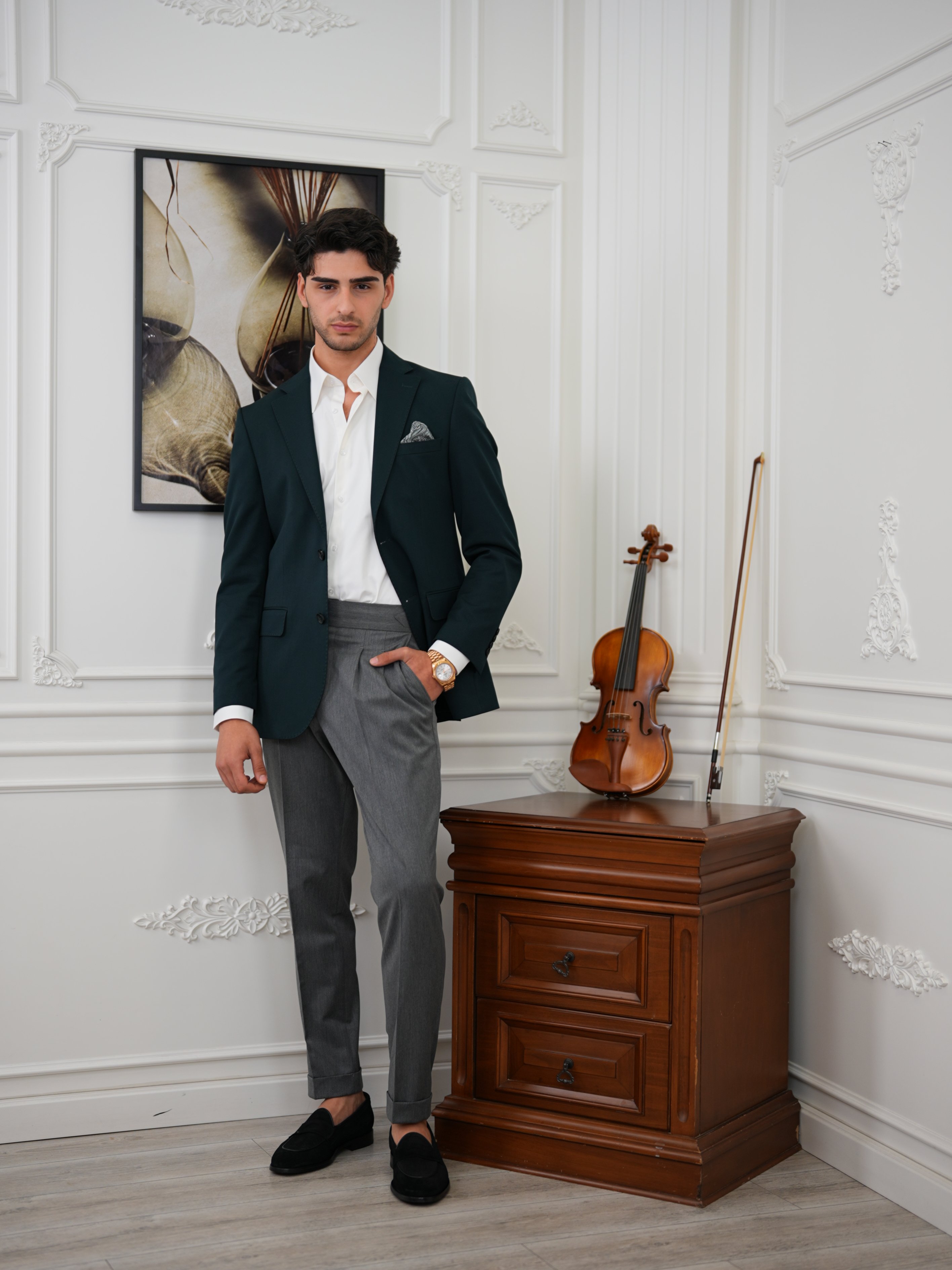 Premium İtalyan Stil Slim Fit Erkek Punto Dikişli Yarım Astarlı Ceket - Yeşil