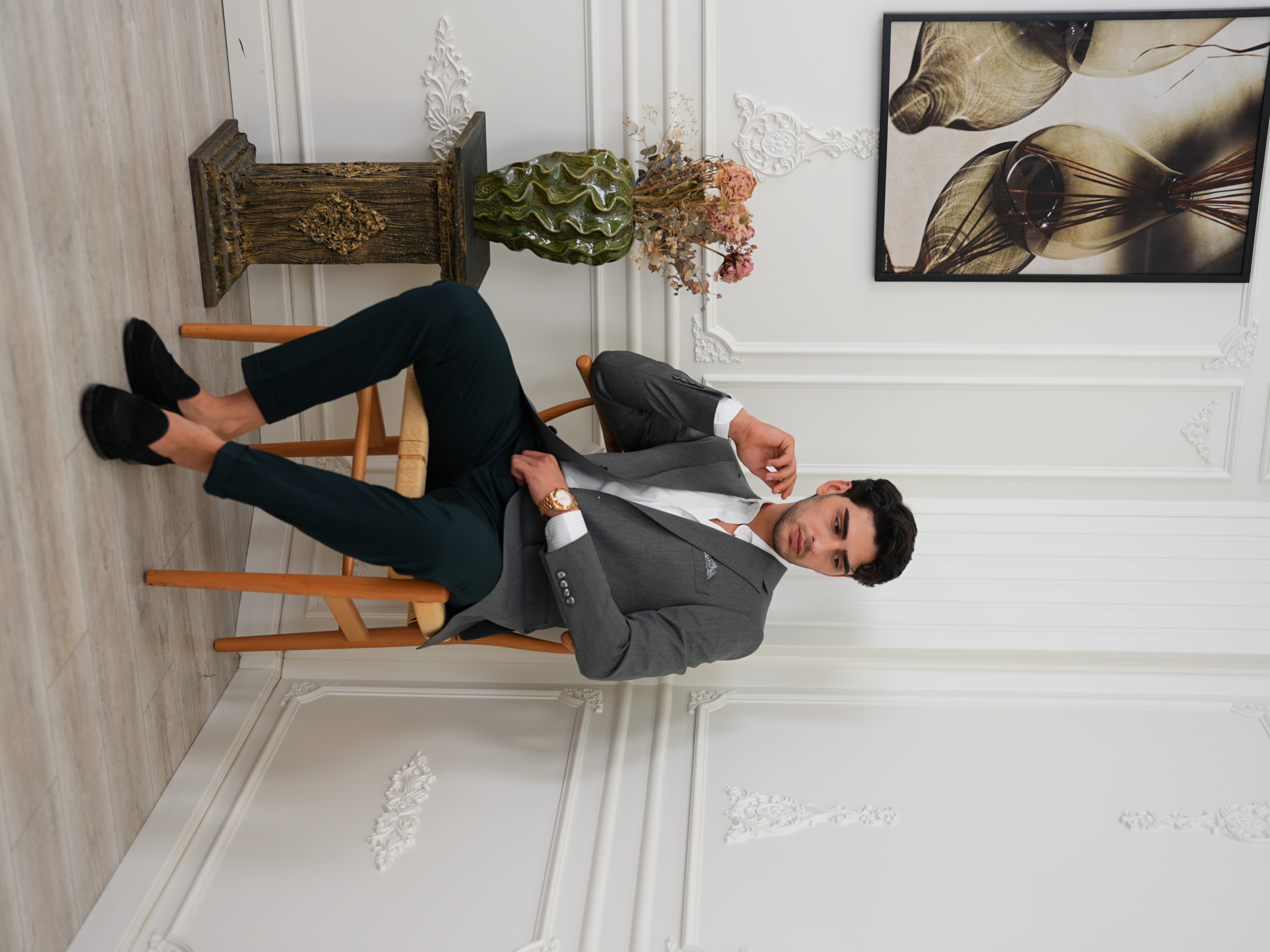 Premium İtalyan Stil Slim Fit Erkek Punto Dikişli Yarım Astarlı Ceket - Füme