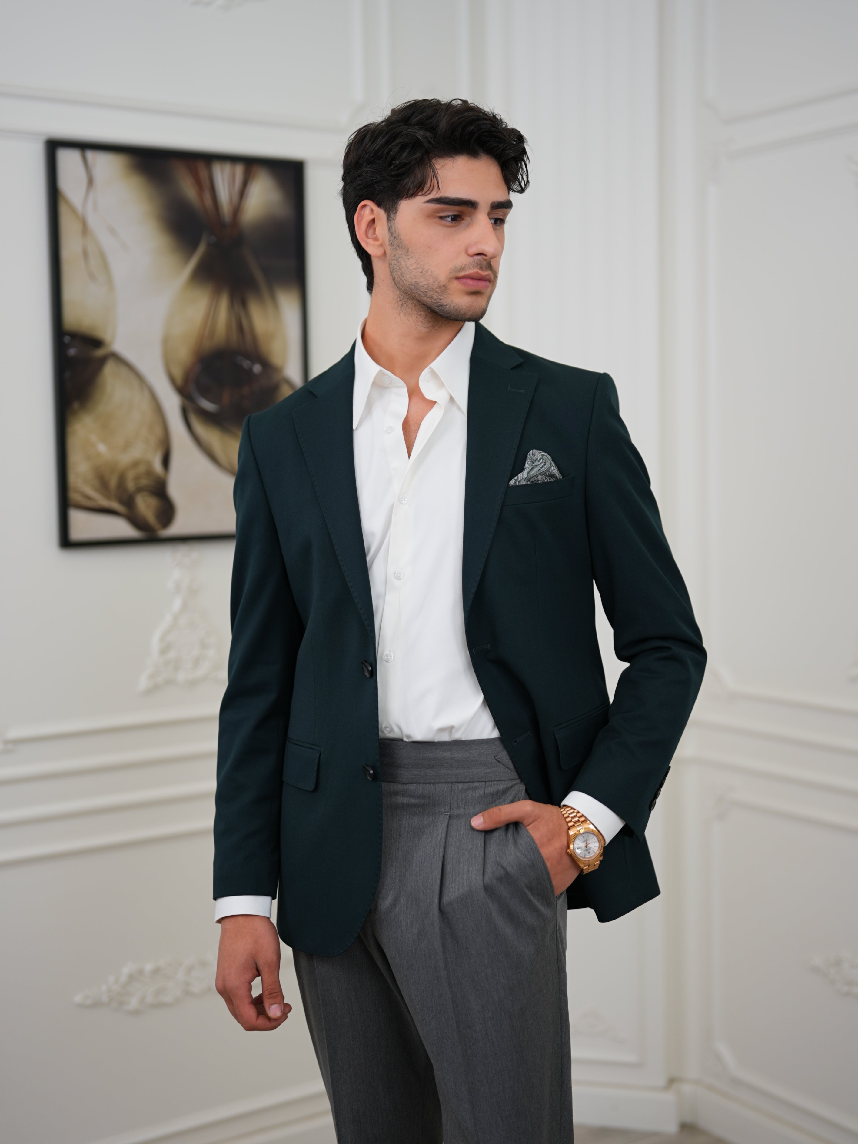 Premium İtalyan Stil Slim Fit Erkek Punto Dikişli Yarım Astarlı Ceket - Yeşil
