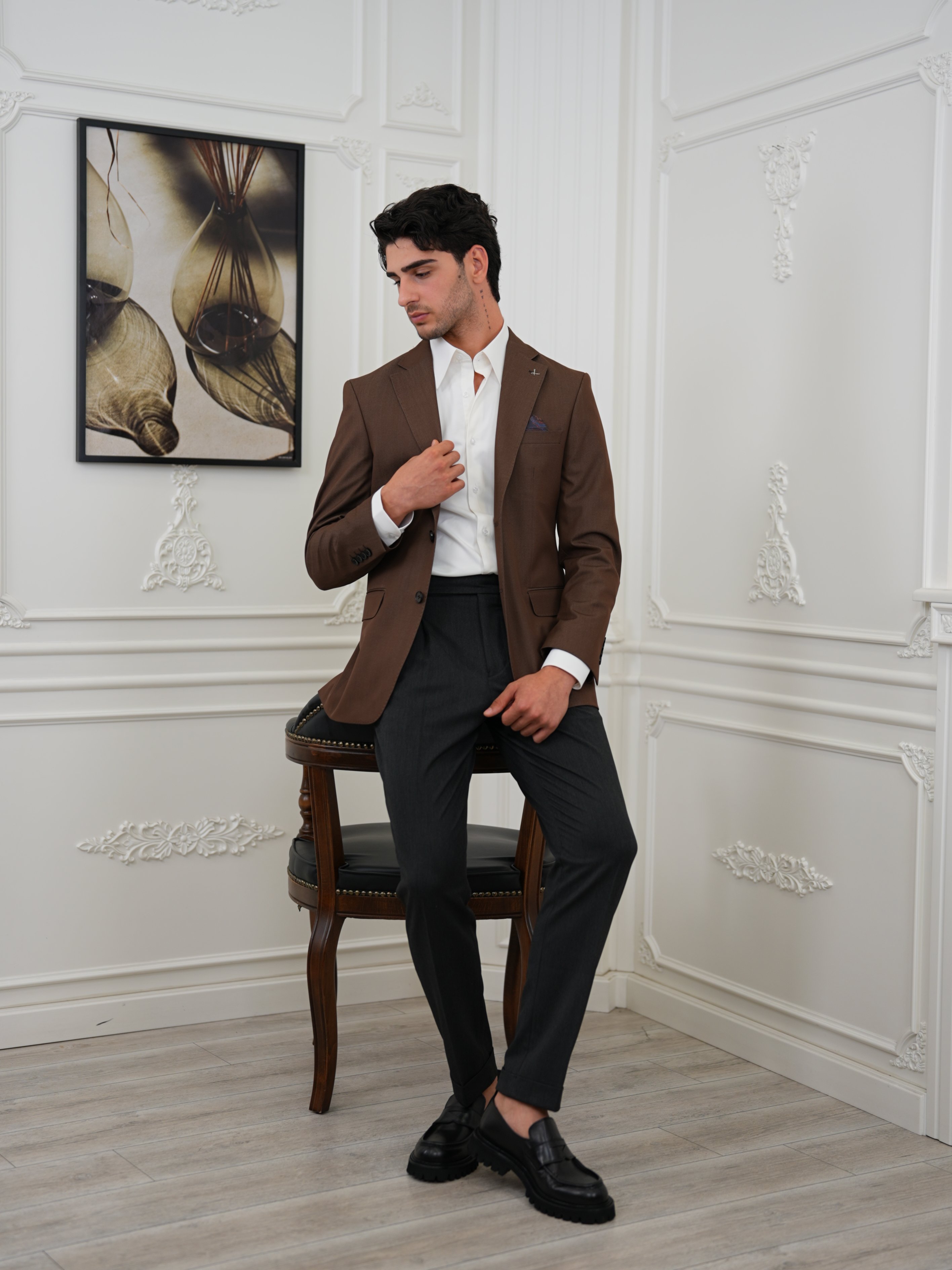 Premium İtalyan Stil Slim Fit Erkek Punto Dikişli Yarım Astarlı Ceket - Kahve
