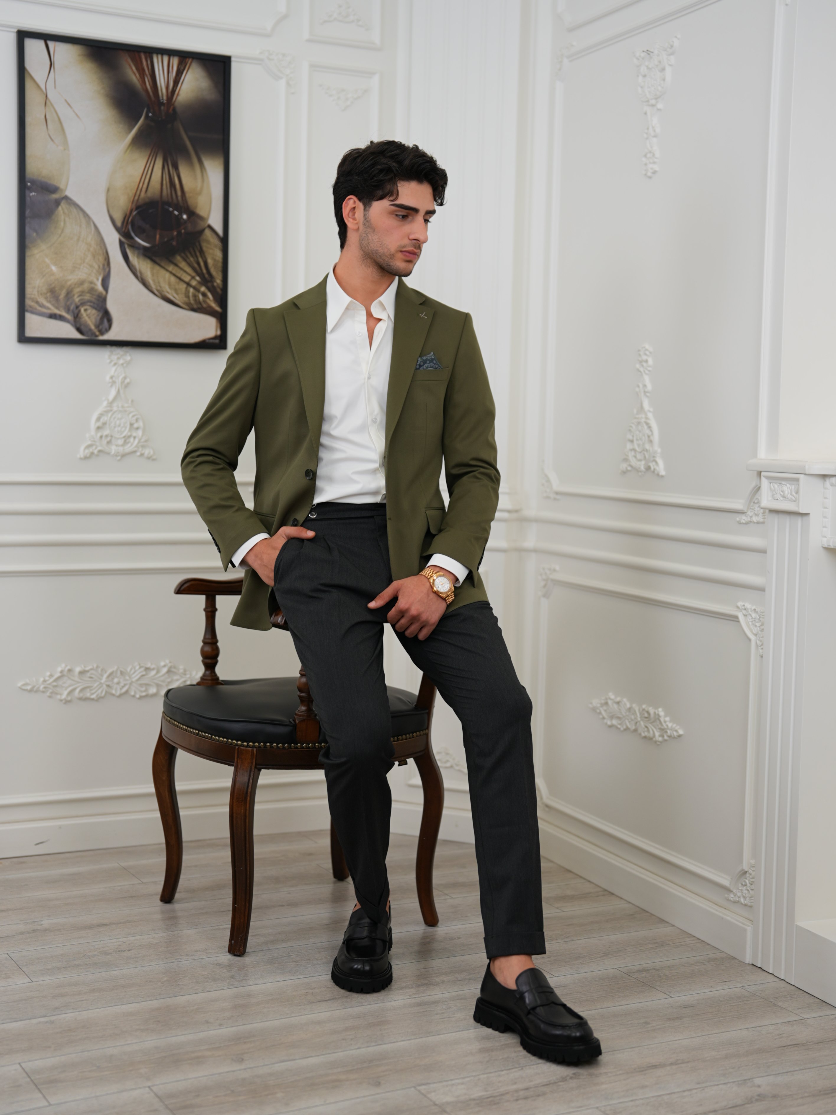 Premium İtalyan Stil Slim Fit Erkek Punto Dikişli Yarım Astarlı Ceket - Haki