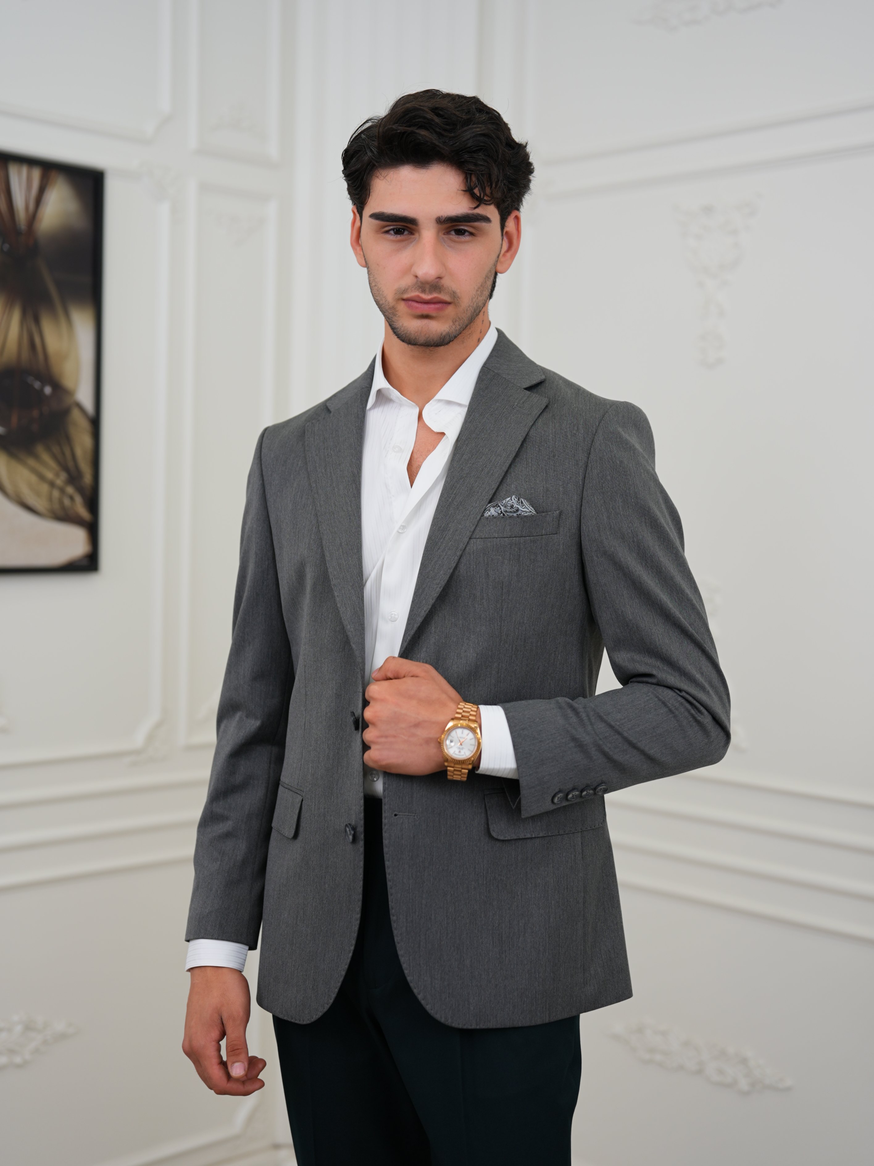 Premium İtalyan Stil Slim Fit Erkek Punto Dikişli Yarım Astarlı Ceket - Füme
