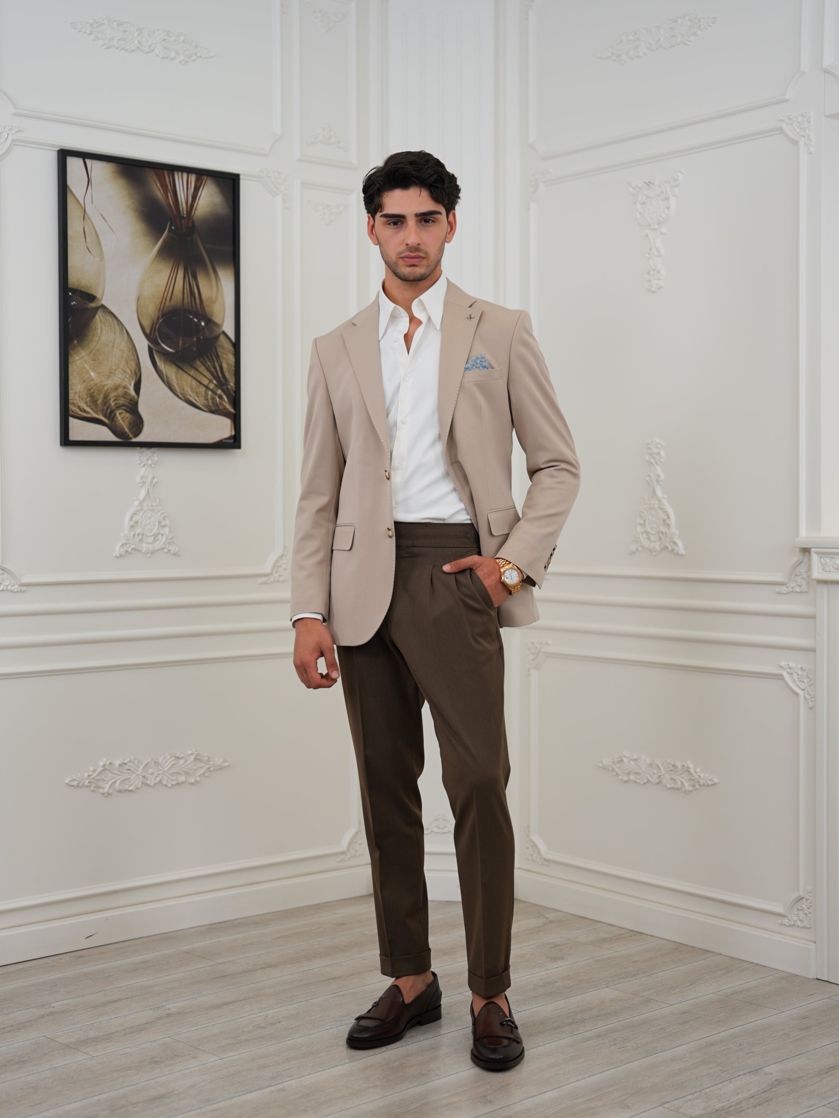 Premium İtalyan Stil Slim Fit Erkek Punto Dikişli Yarım Astarlı Ceket - Bej