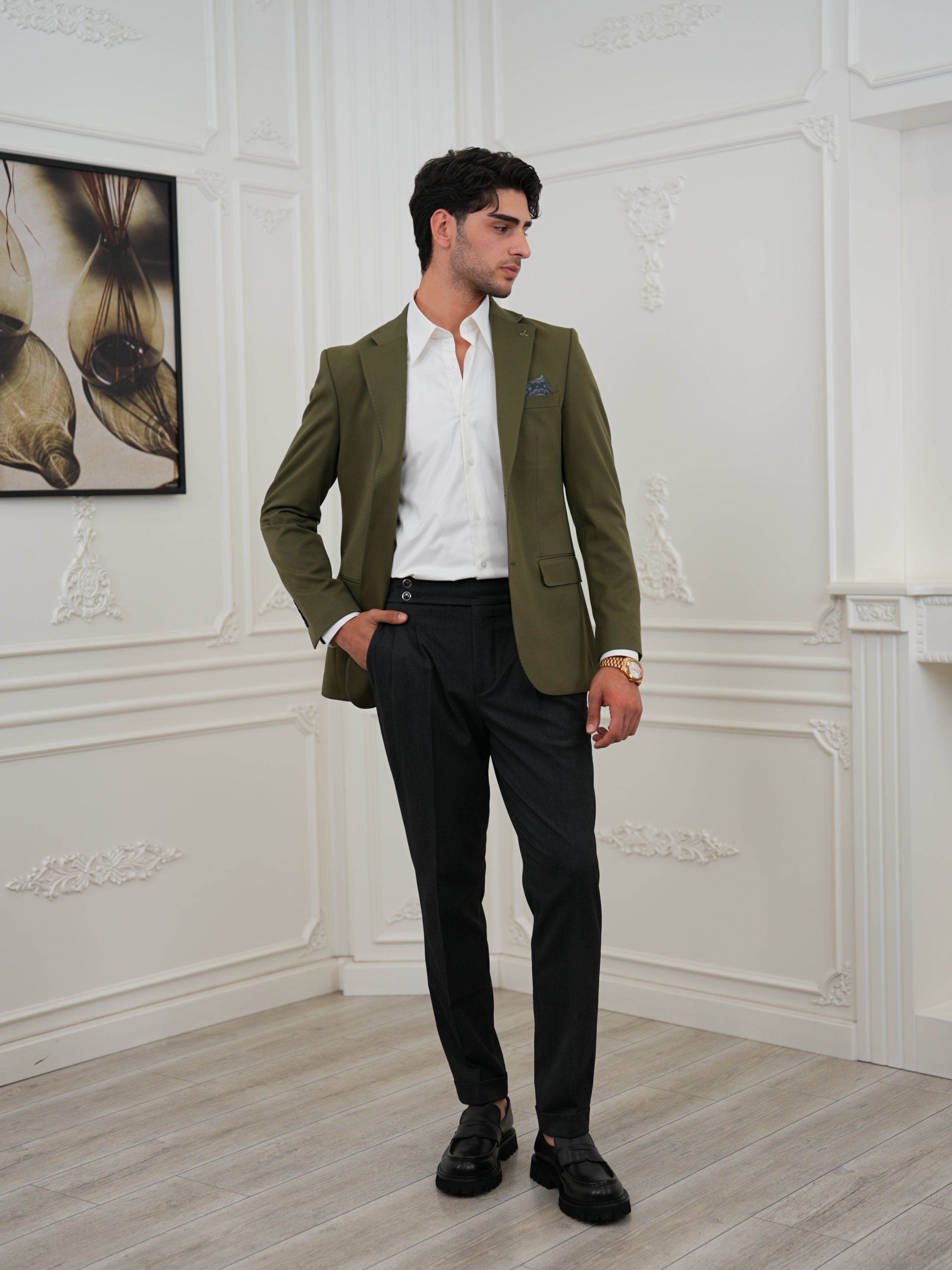 Premium İtalyan Stil Slim Fit Erkek Punto Dikişli Yarım Astarlı Ceket - Haki