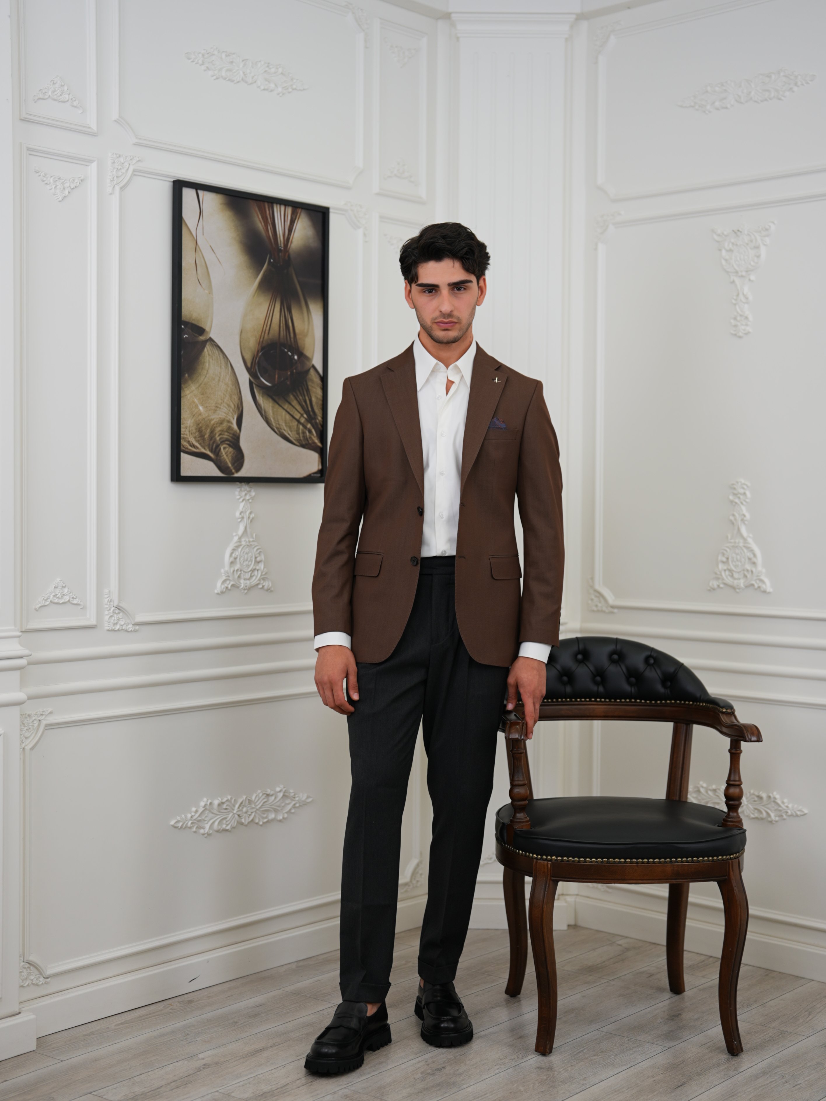 Premium İtalyan Stil Slim Fit Erkek Punto Dikişli Yarım Astarlı Ceket - Kahve