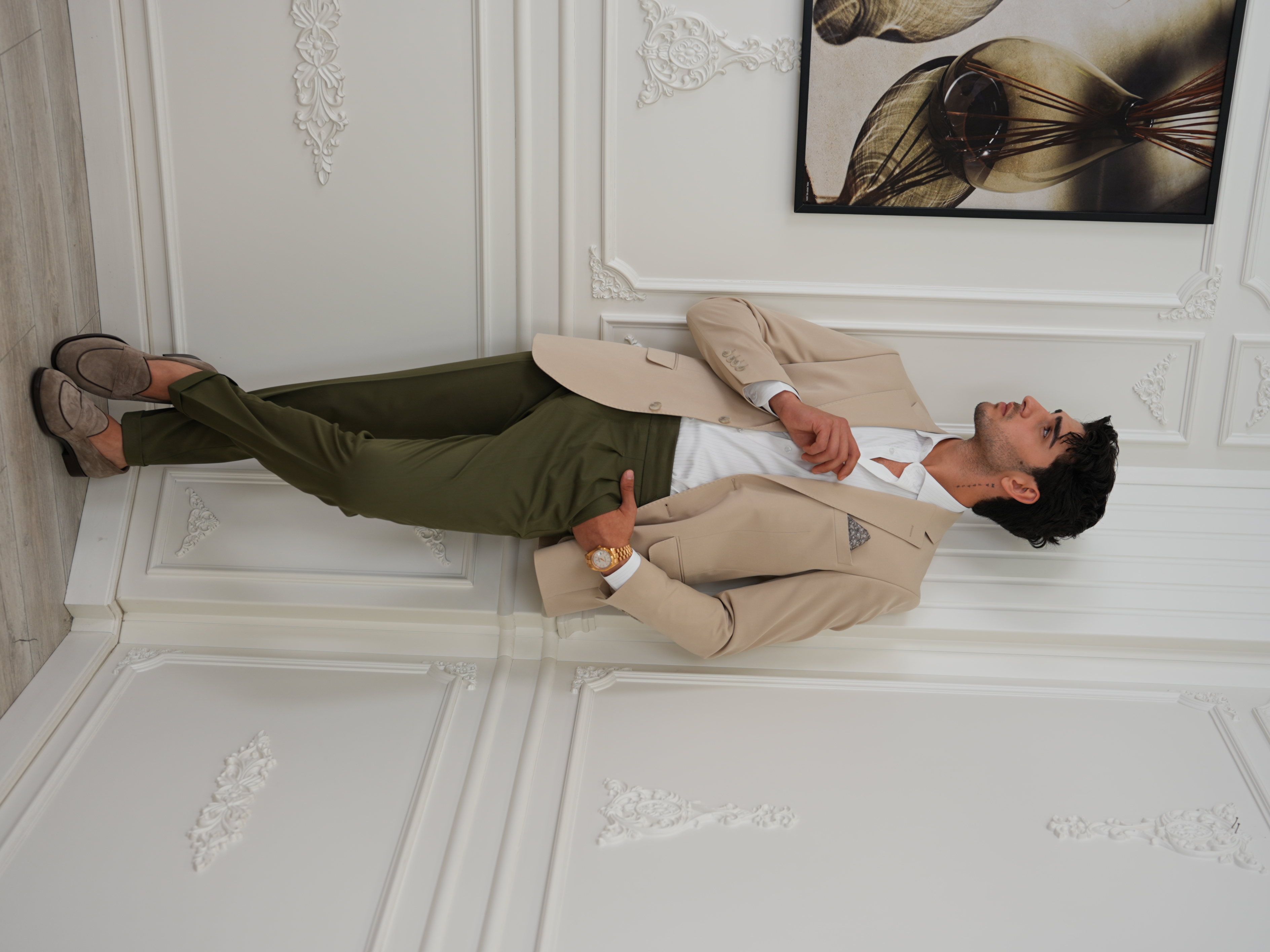 Premium İtalyan Stil Slim Fit Erkek Punto Dikişli Yarım Astarlı Ceket - Krem