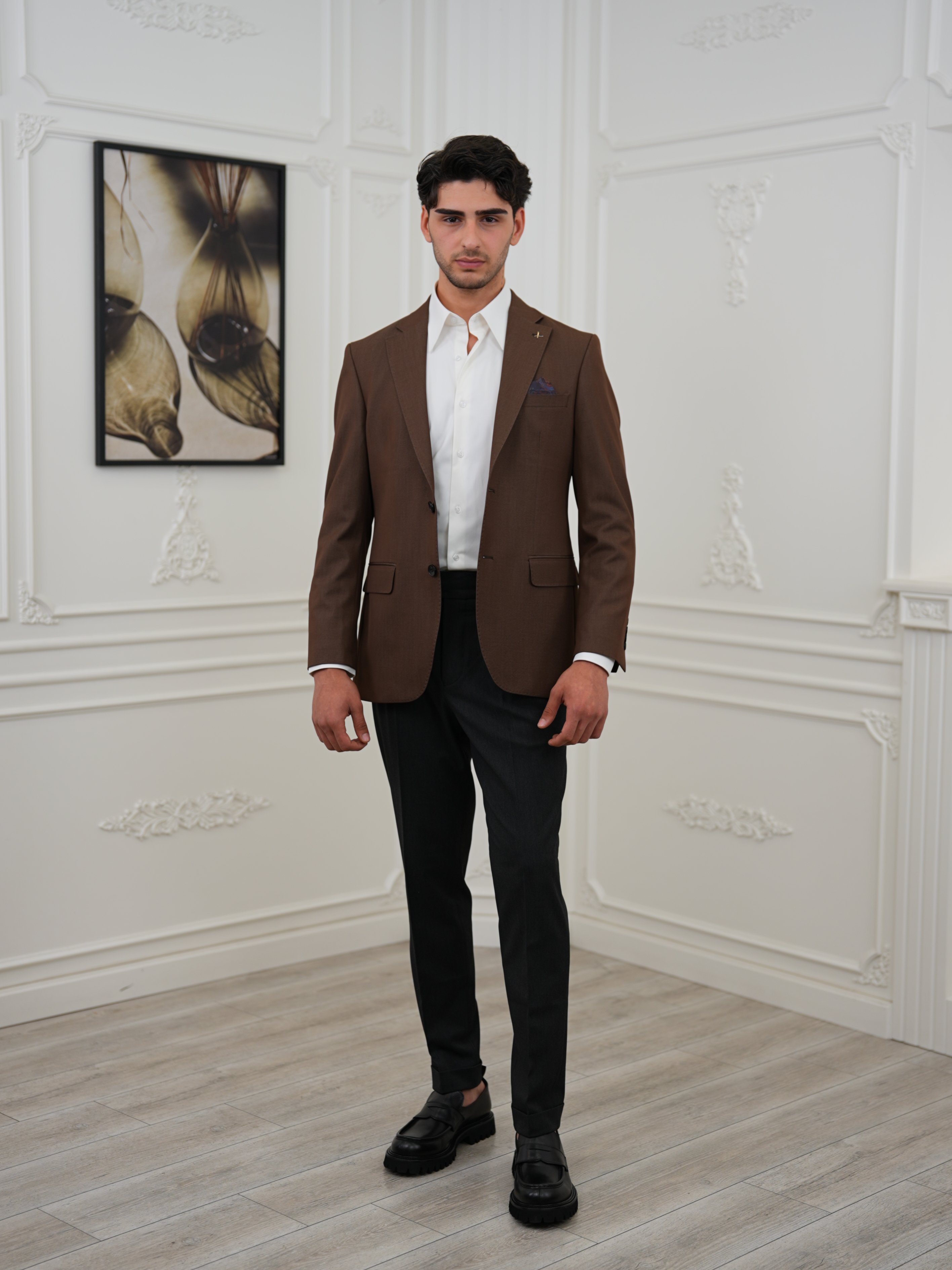 Premium İtalyan Stil Slim Fit Erkek Punto Dikişli Yarım Astarlı Ceket - Kahve