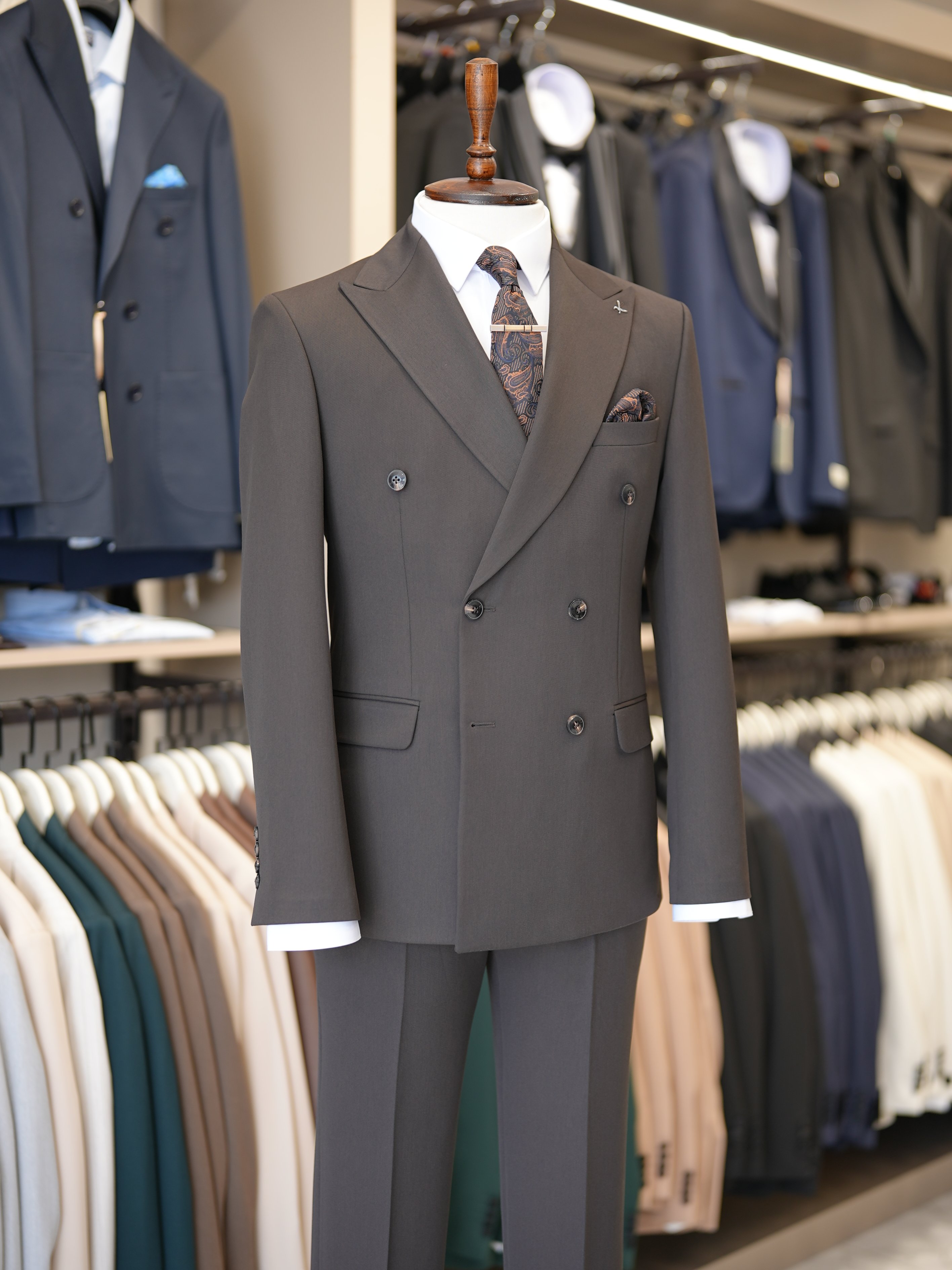 Premium Slim Fit İtalyan Stil Kruvaze Takım Elbise - Ceket Pantolon - Acı Kahve