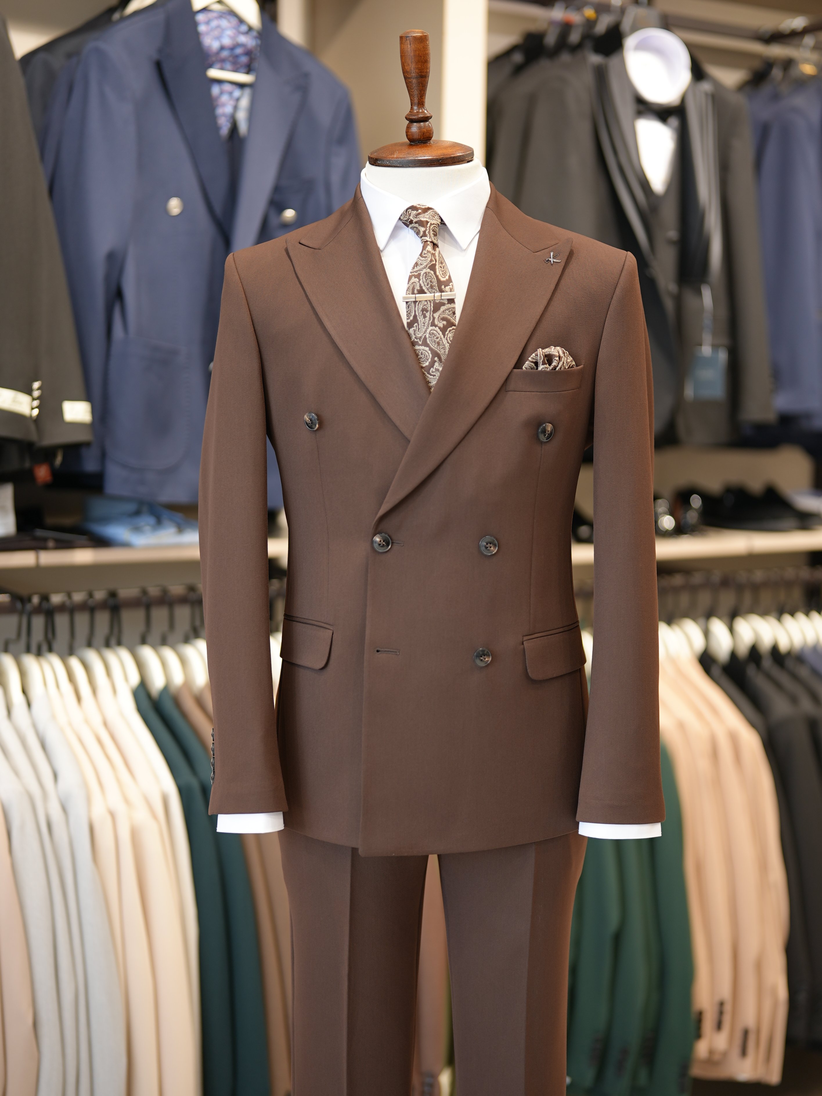 Premium Slim Fit İtalyan Stil Kruvaze Takım Elbise - Ceket Pantolon - Kahve