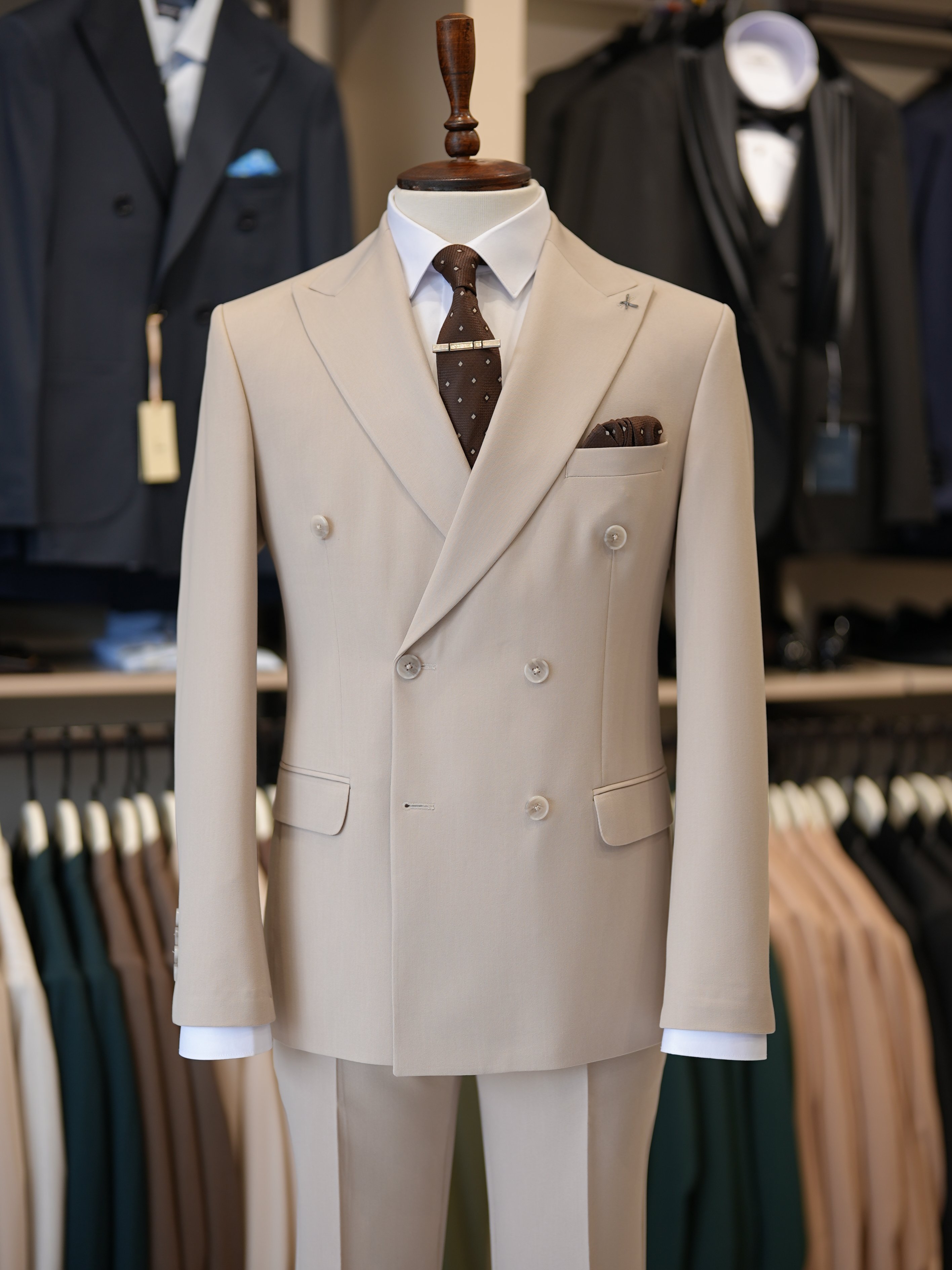Premium Slim Fit İtalyan Stil Kruvaze Takım Elbise - Ceket Pantolon - Bej