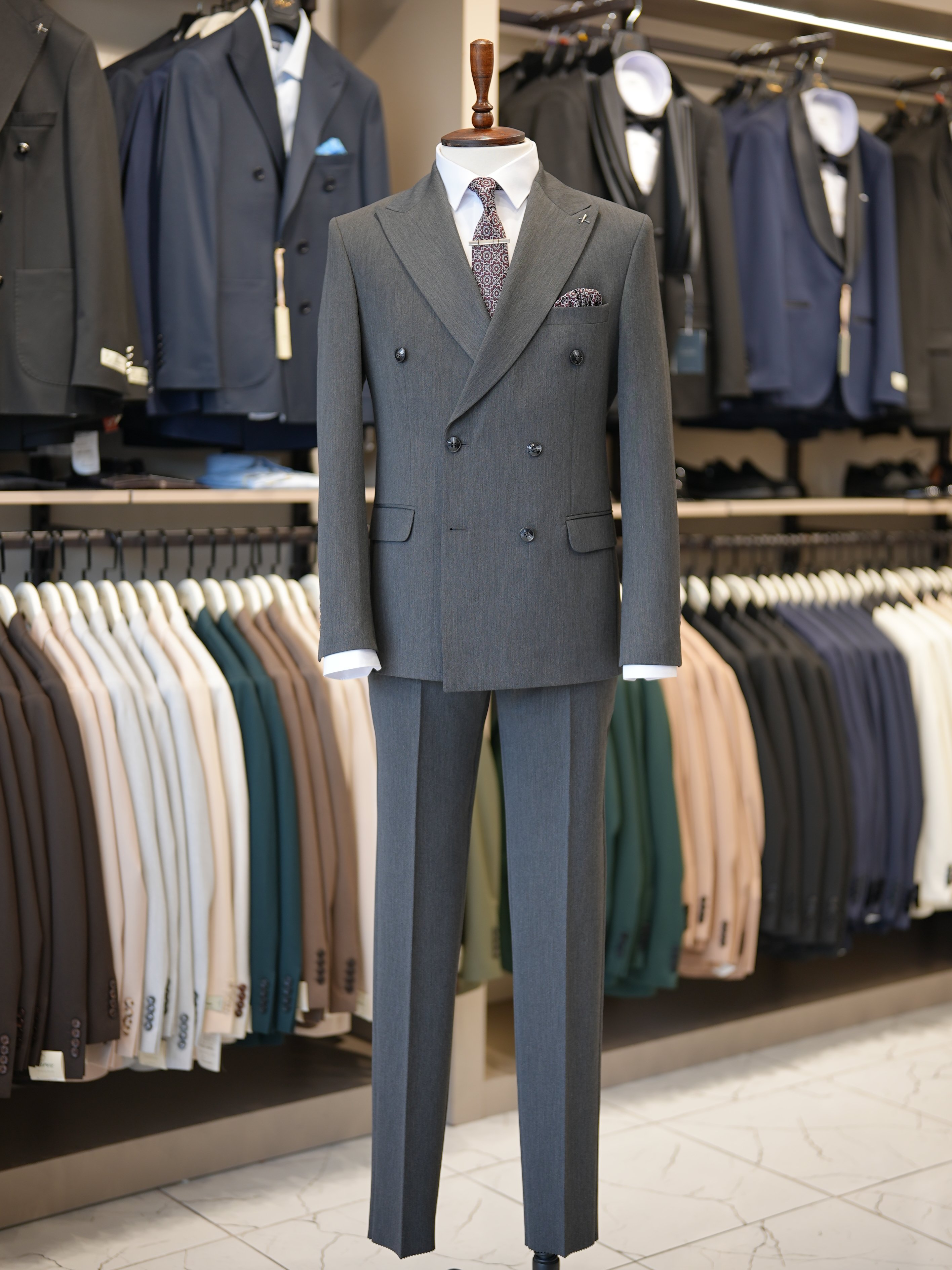 Premium Slim Fit İtalyan Stil Kruvaze Takım Elbise - Ceket Pantolon - Füme