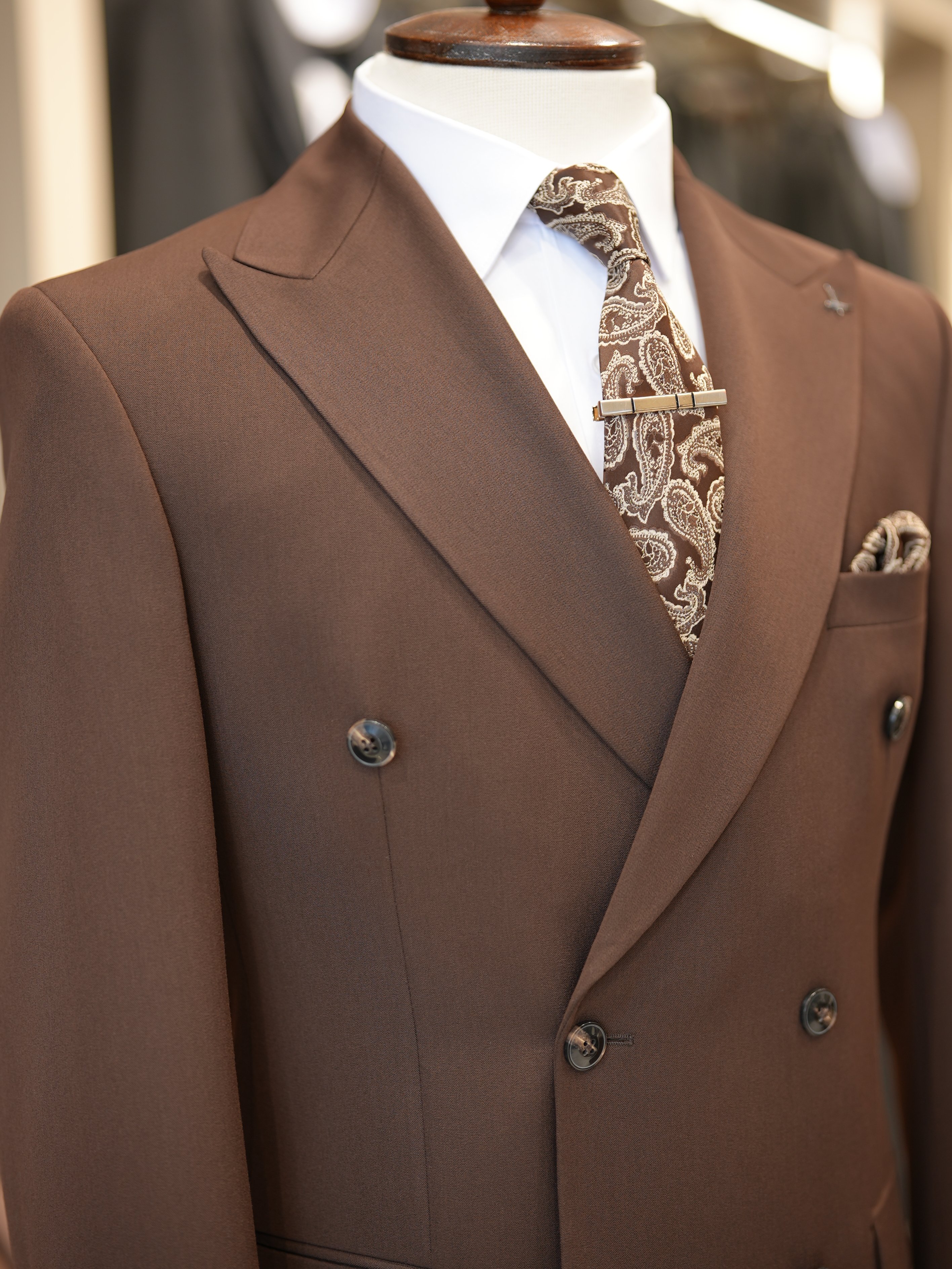 Premium Slim Fit İtalyan Stil Kruvaze Takım Elbise - Ceket Pantolon - Kahve
