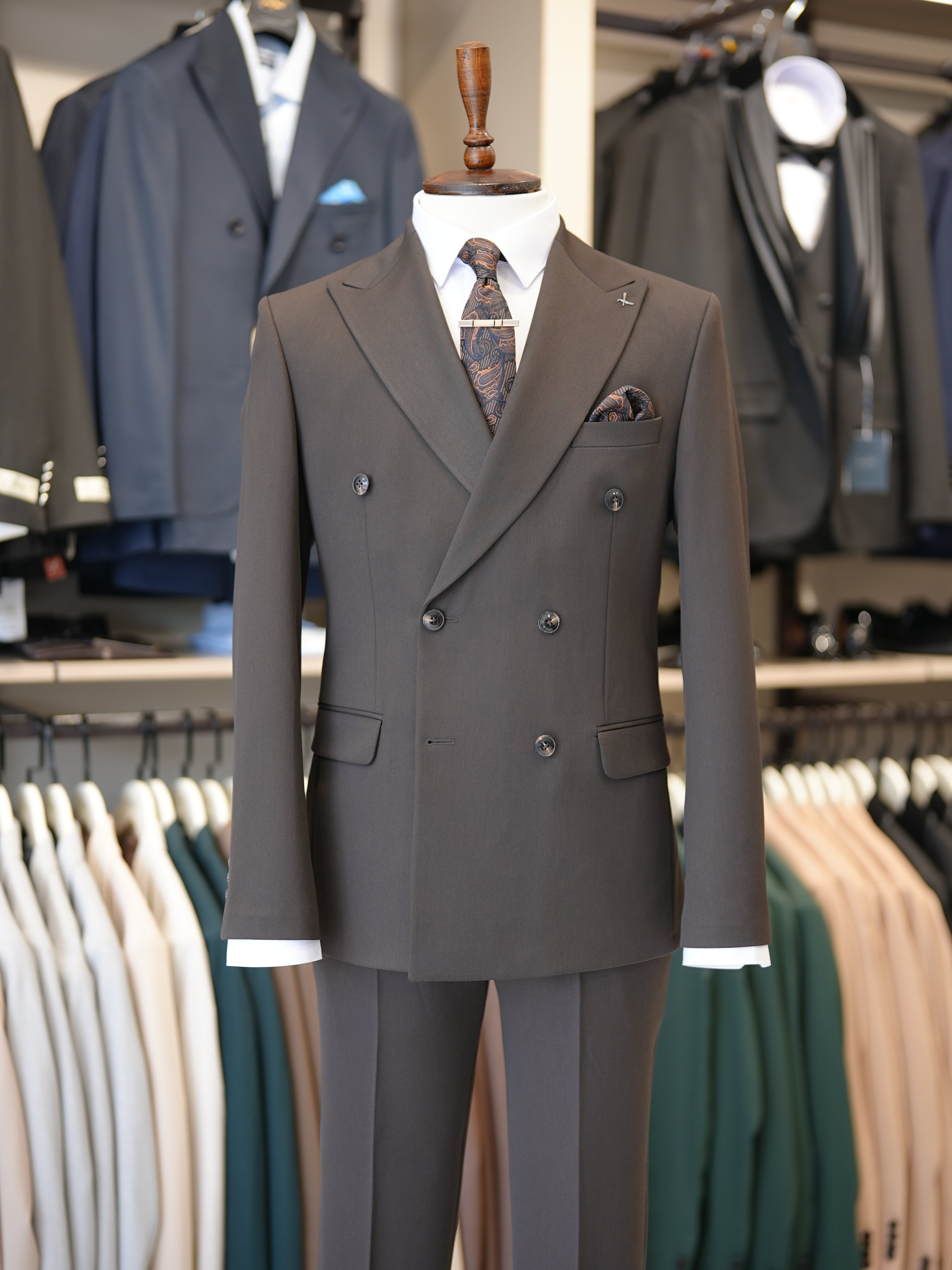 Premium Slim Fit İtalyan Stil Kruvaze Takım Elbise - Ceket Pantolon - Acı Kahve