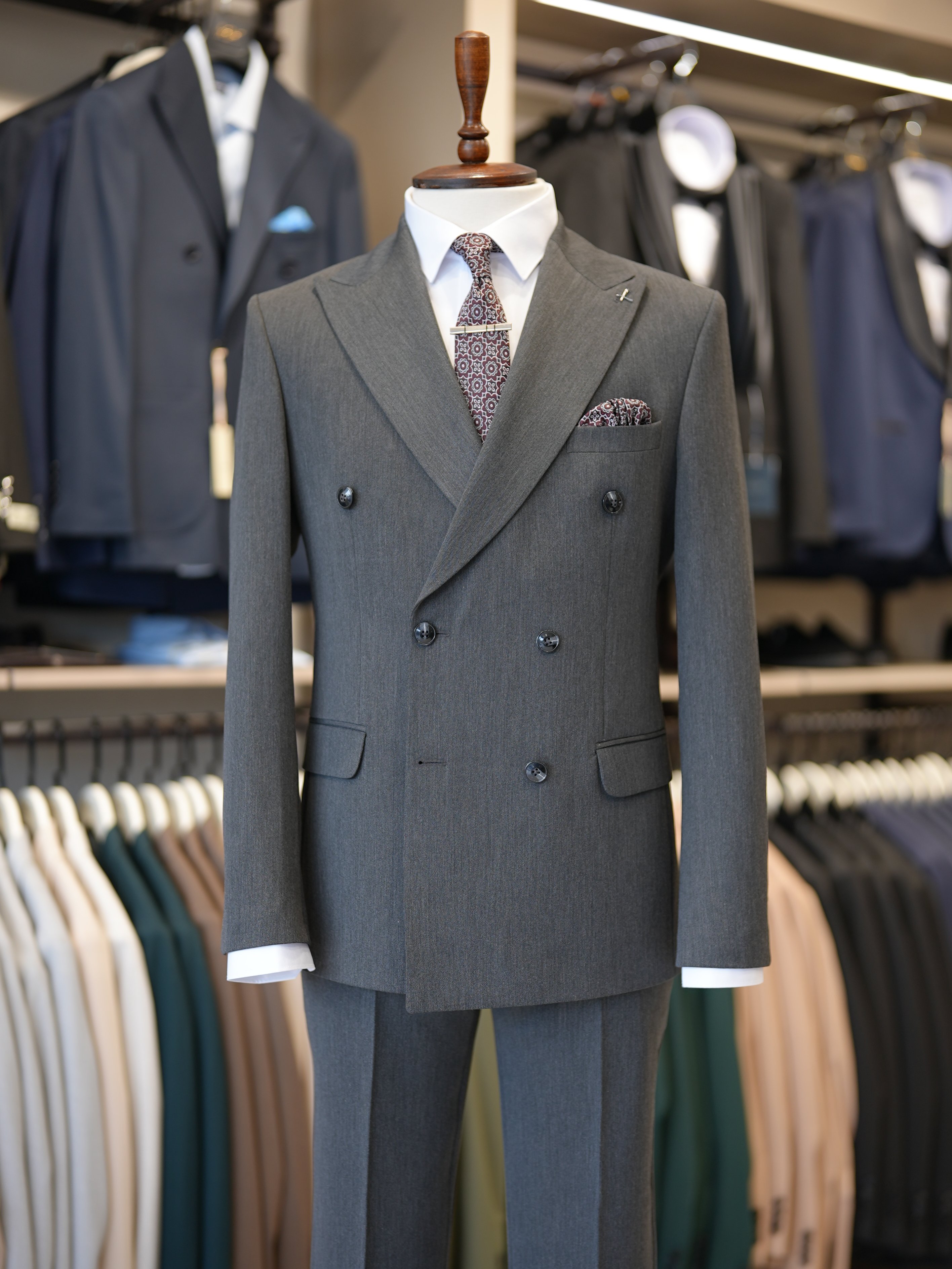 Premium Slim Fit İtalyan Stil Kruvaze Takım Elbise - Ceket Pantolon - Füme