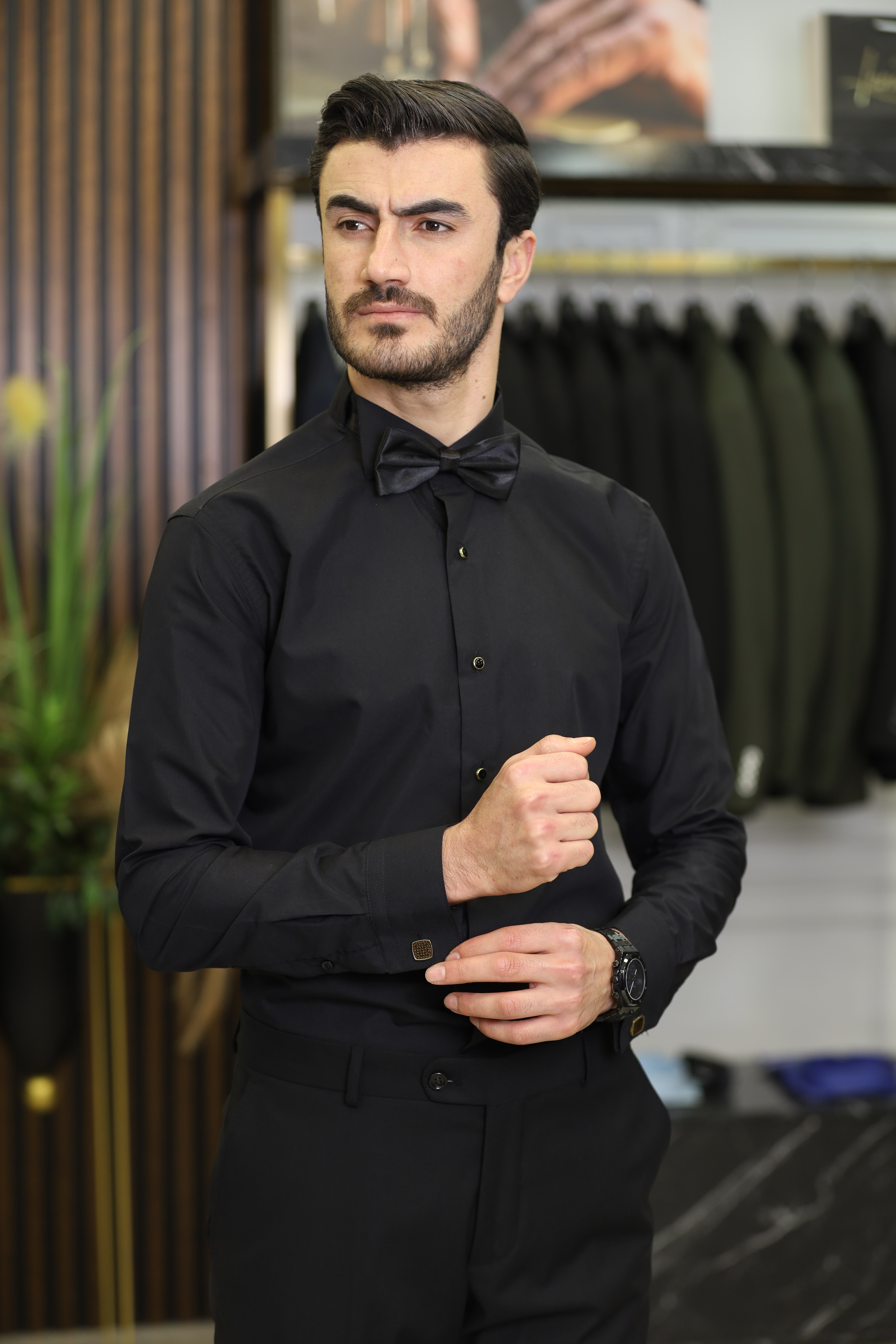 Slim Fit Damatlık Gömlek - Siyah