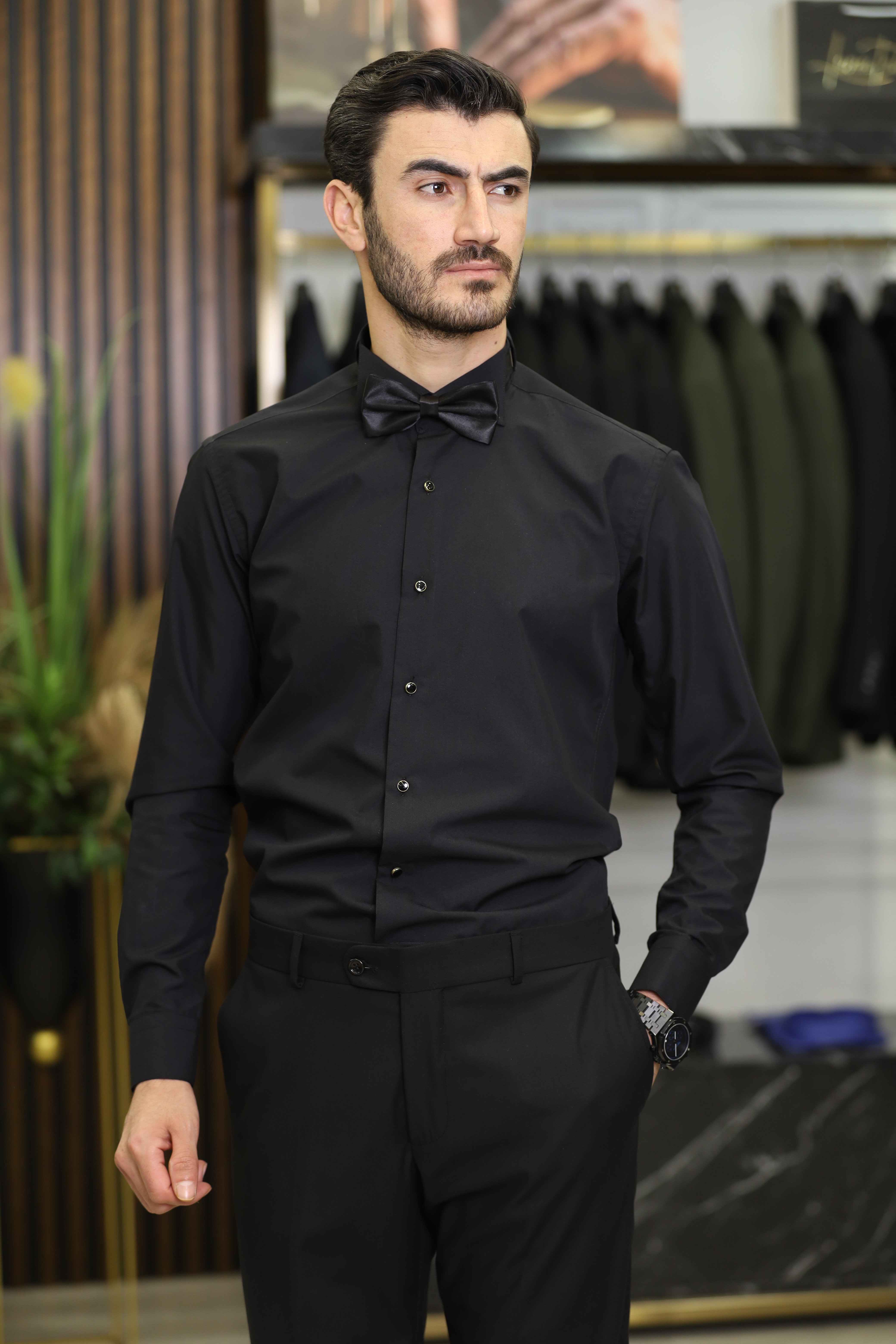 Slim Fit Damatlık Gömlek - Siyah