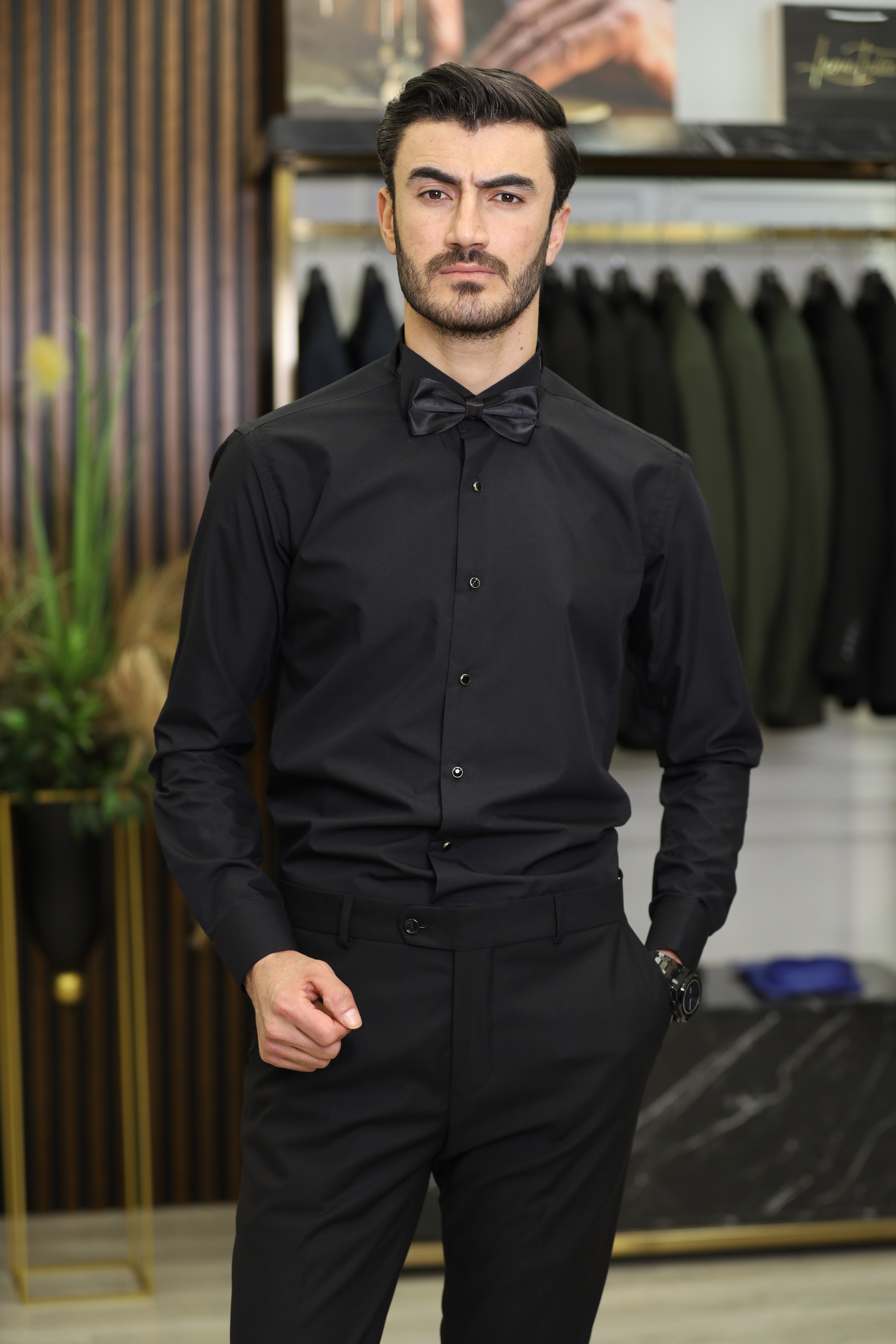 Slim Fit Damatlık Gömlek - Siyah