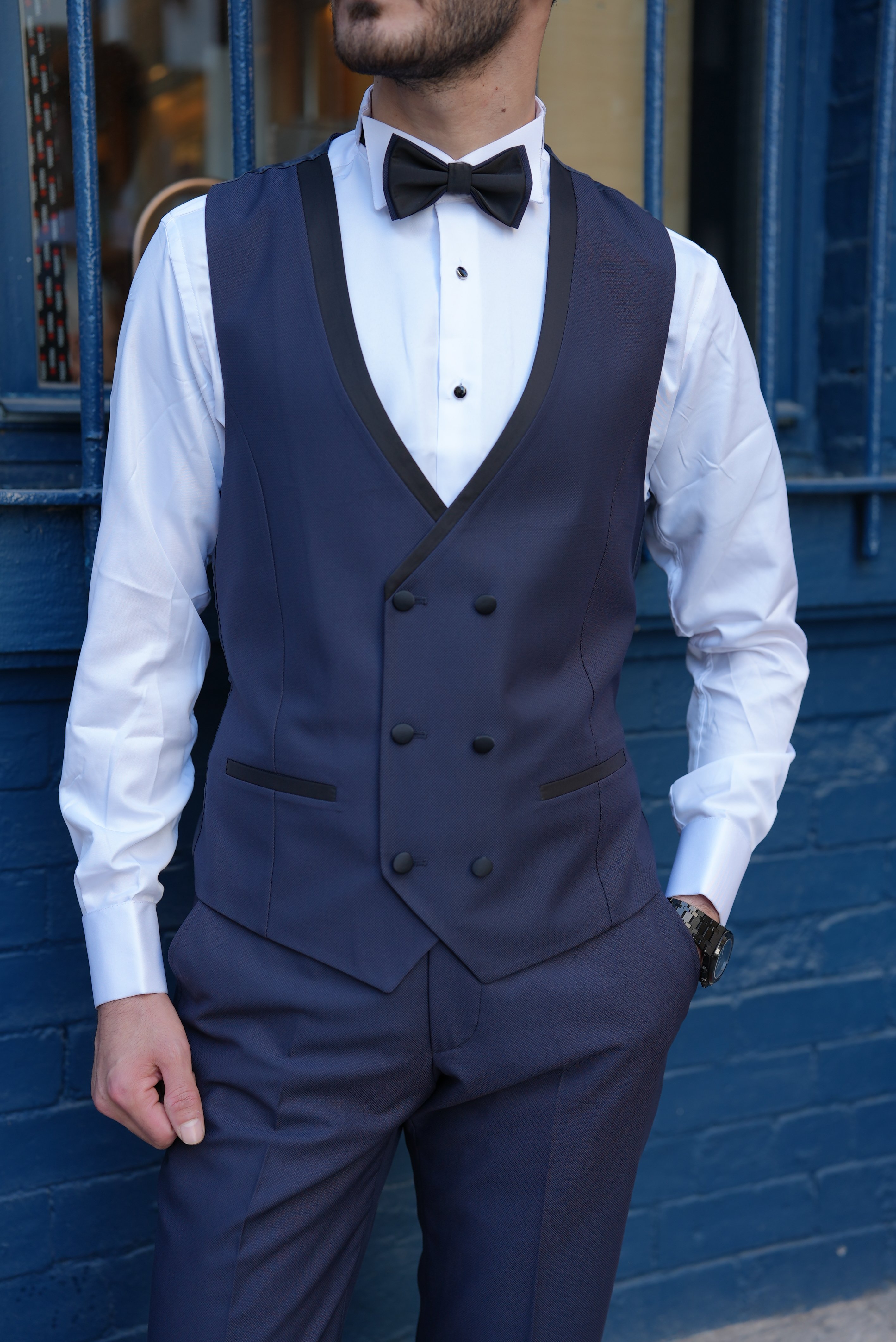 Slim Fit Damatlık Smokin Ceket Yelek Pantolon Papyon-Lacivert