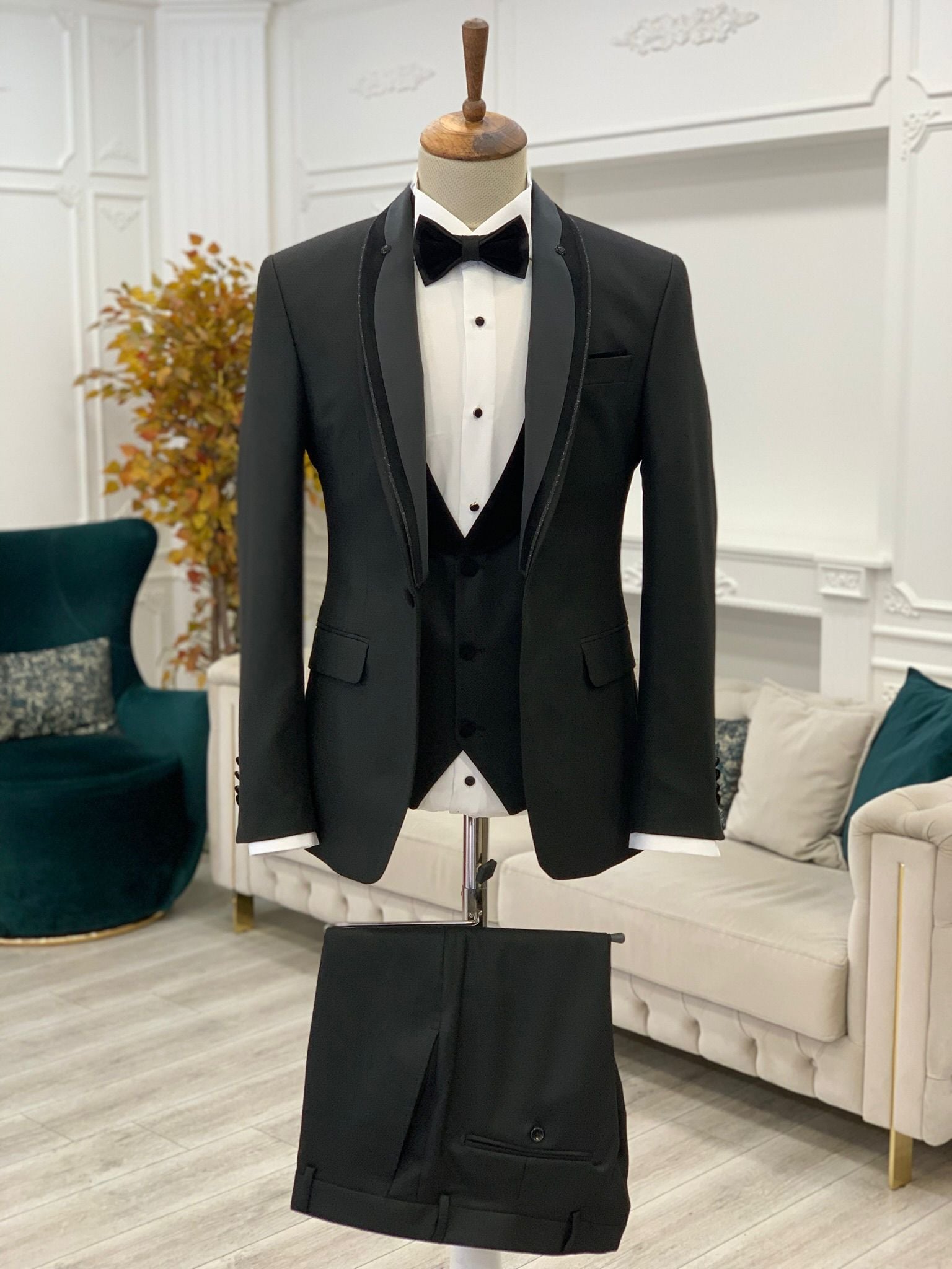 Slim Fit Damatlık Smokin Ceket Yelek Pantolon Papyon-Siyah