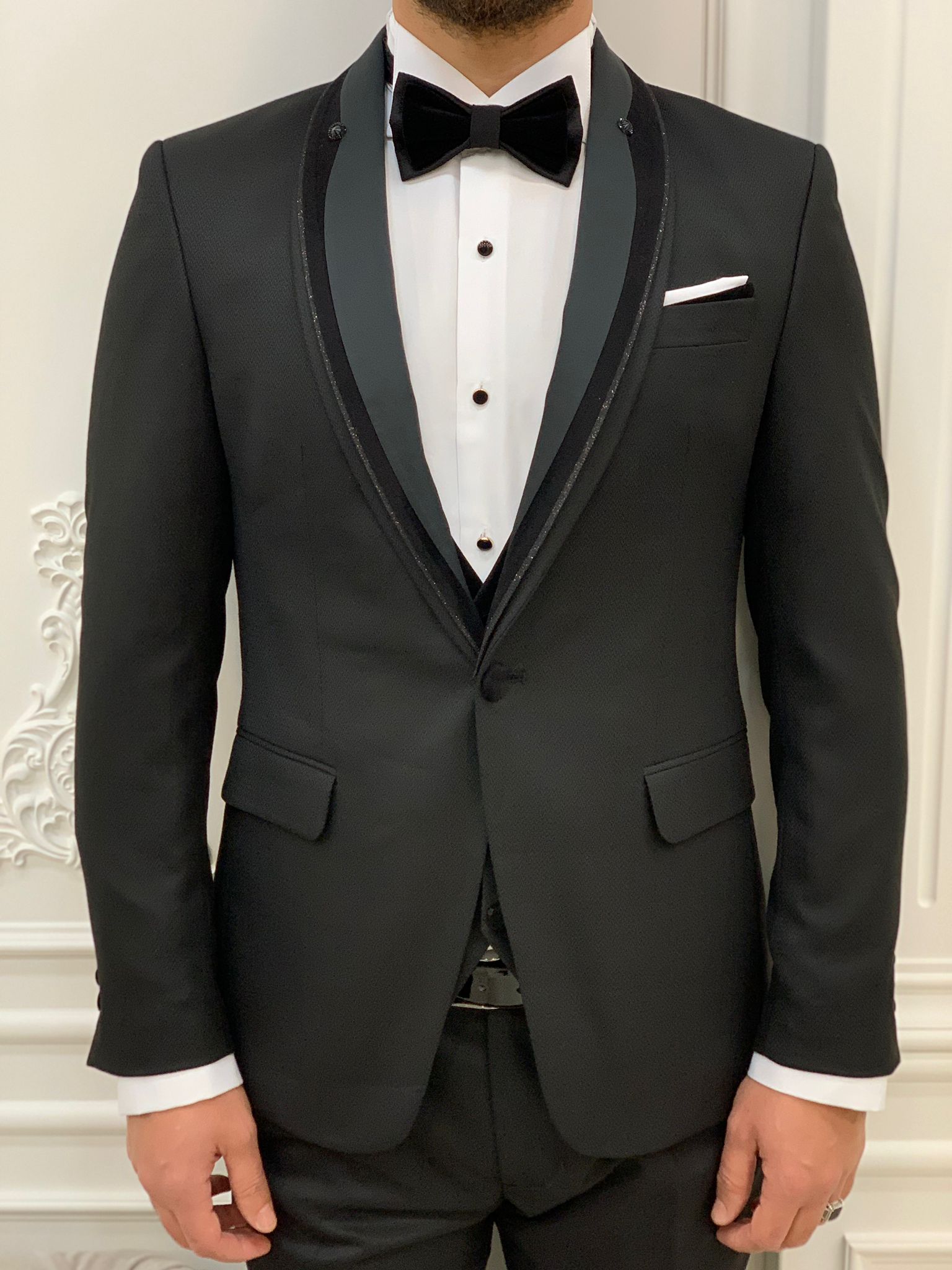 Slim Fit Damatlık Smokin Ceket Yelek Pantolon Papyon-Siyah
