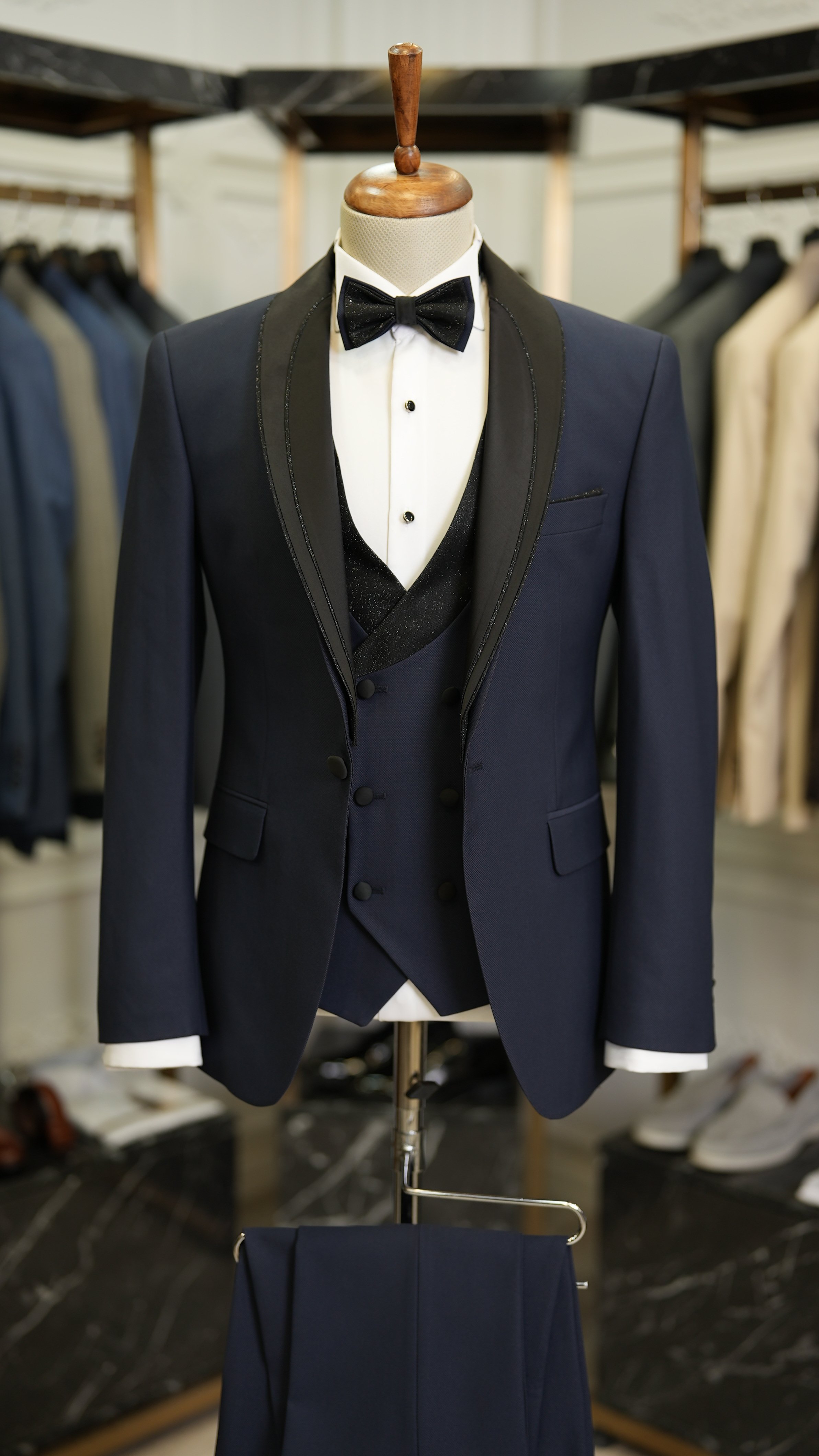 Slim Fit Damatlık Smokin Ceket Yelek Pantolon Papyon-Lacivert