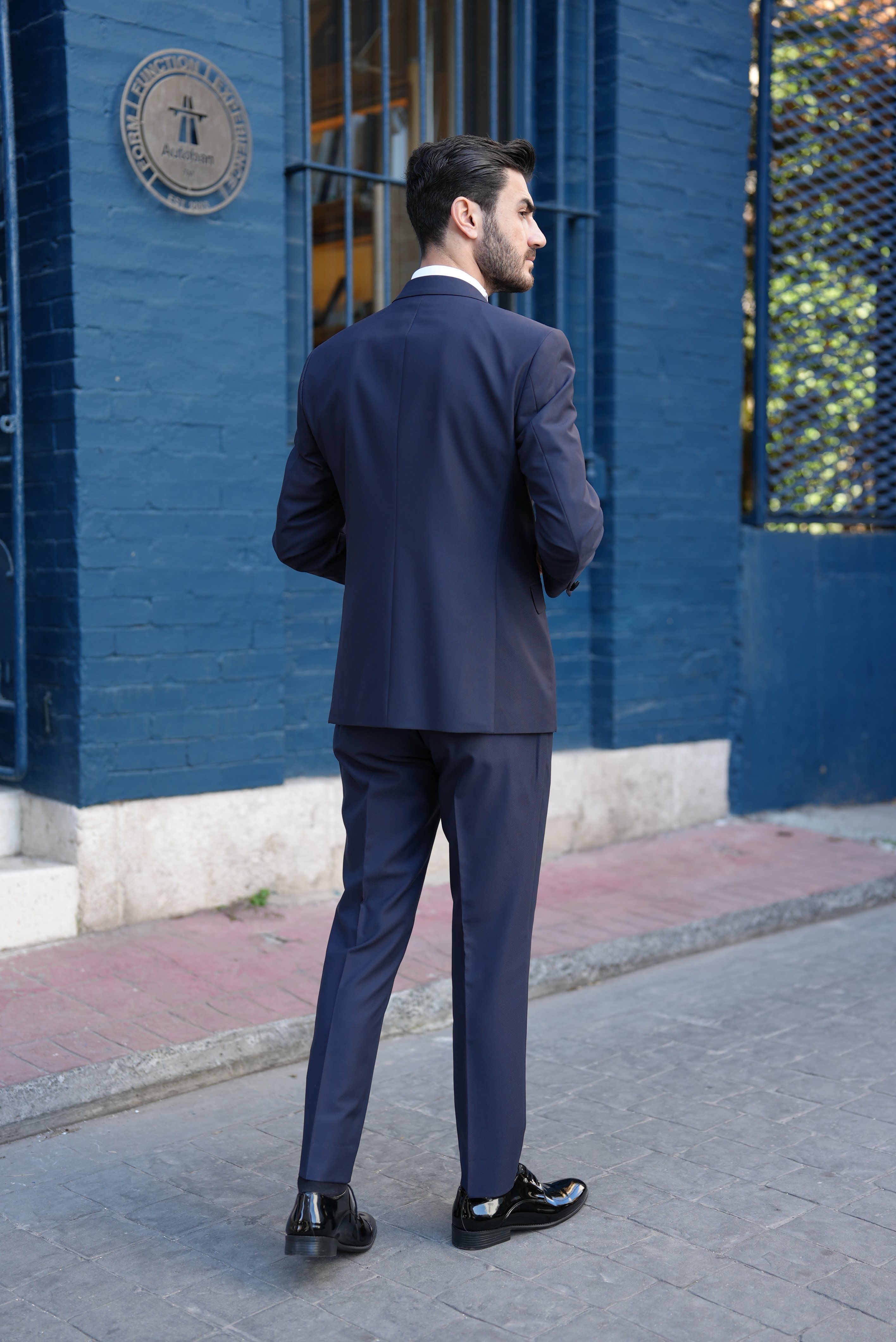 Slim Fit Damatlık Smokin Ceket Yelek Pantolon Papyon-Lacivert