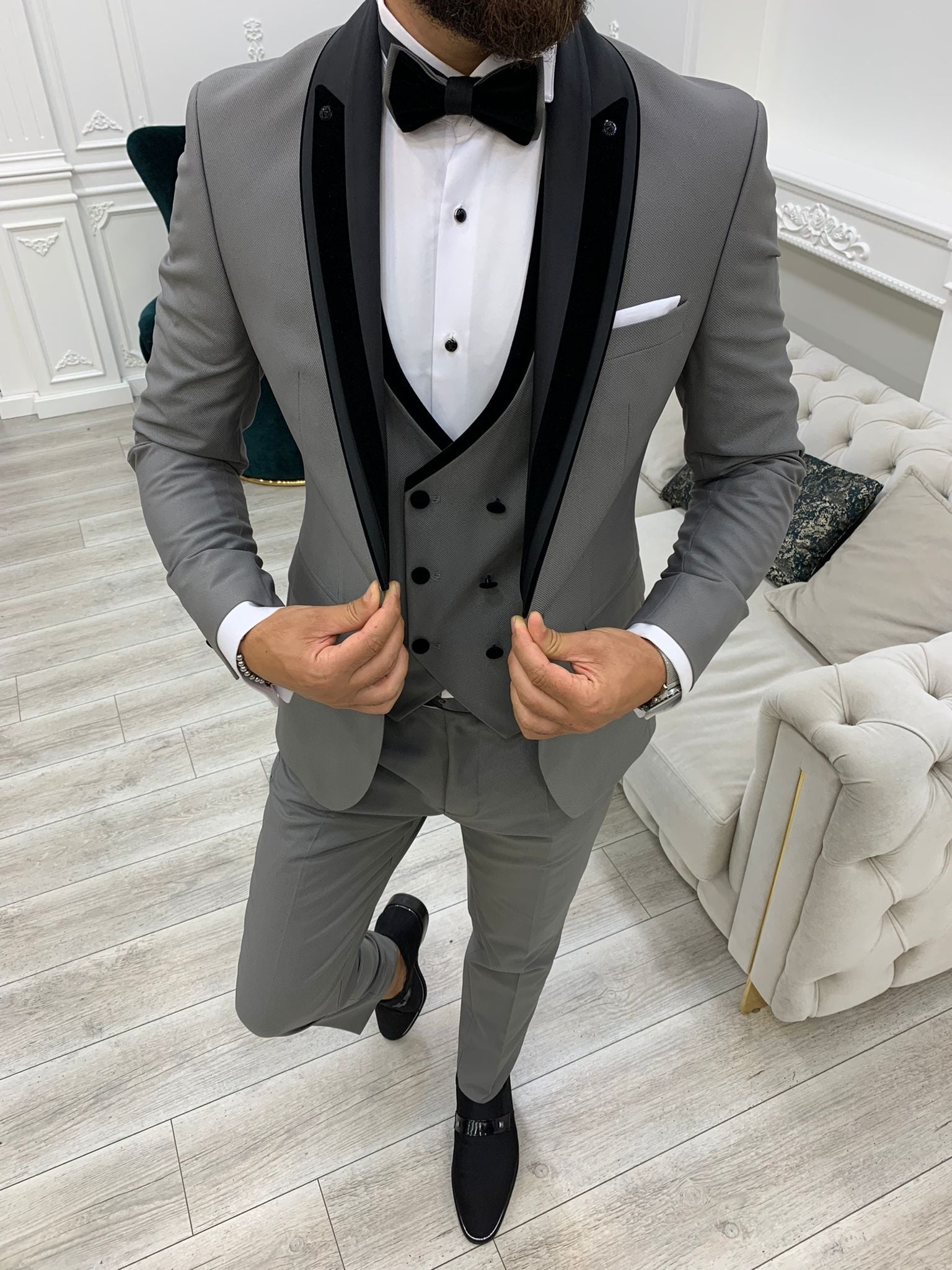Abito da sposo slim fit giacca da smoking gilet pantaloni papillon - grigio