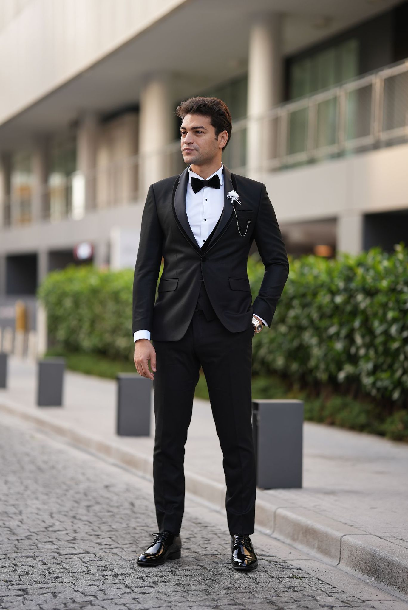 Slim Fit Damatlık Smokin Ceket Yelek Pantolon Papyon-Siyah