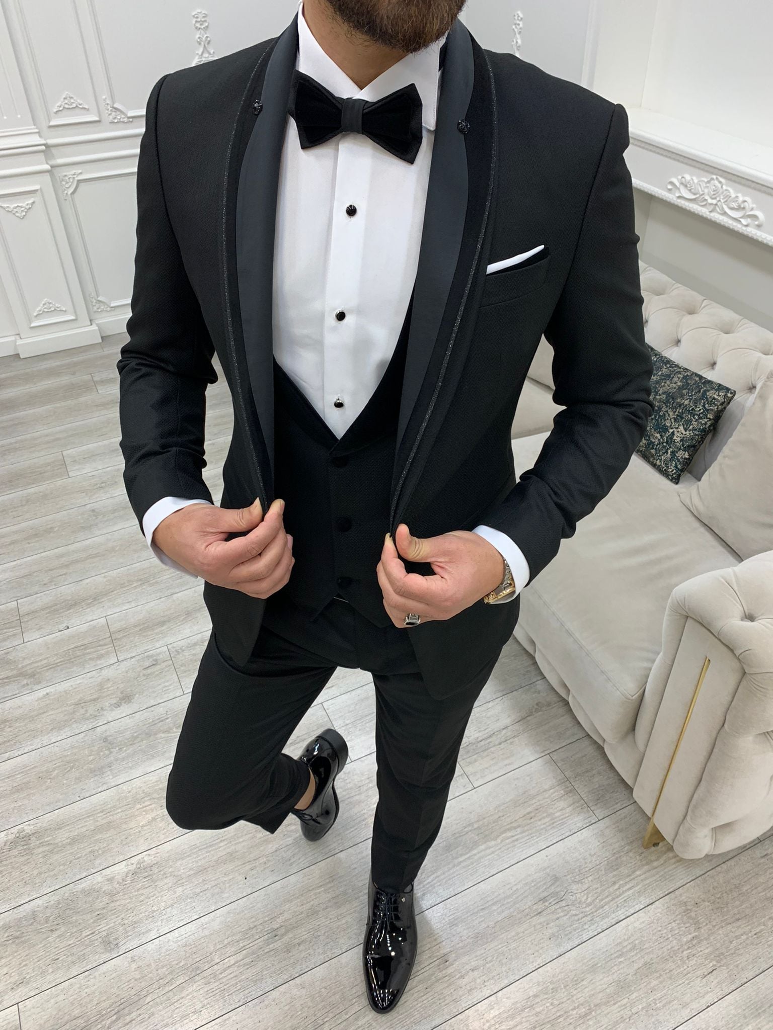 Slim Fit Damatlık Smokin Ceket Yelek Pantolon Papyon-Siyah