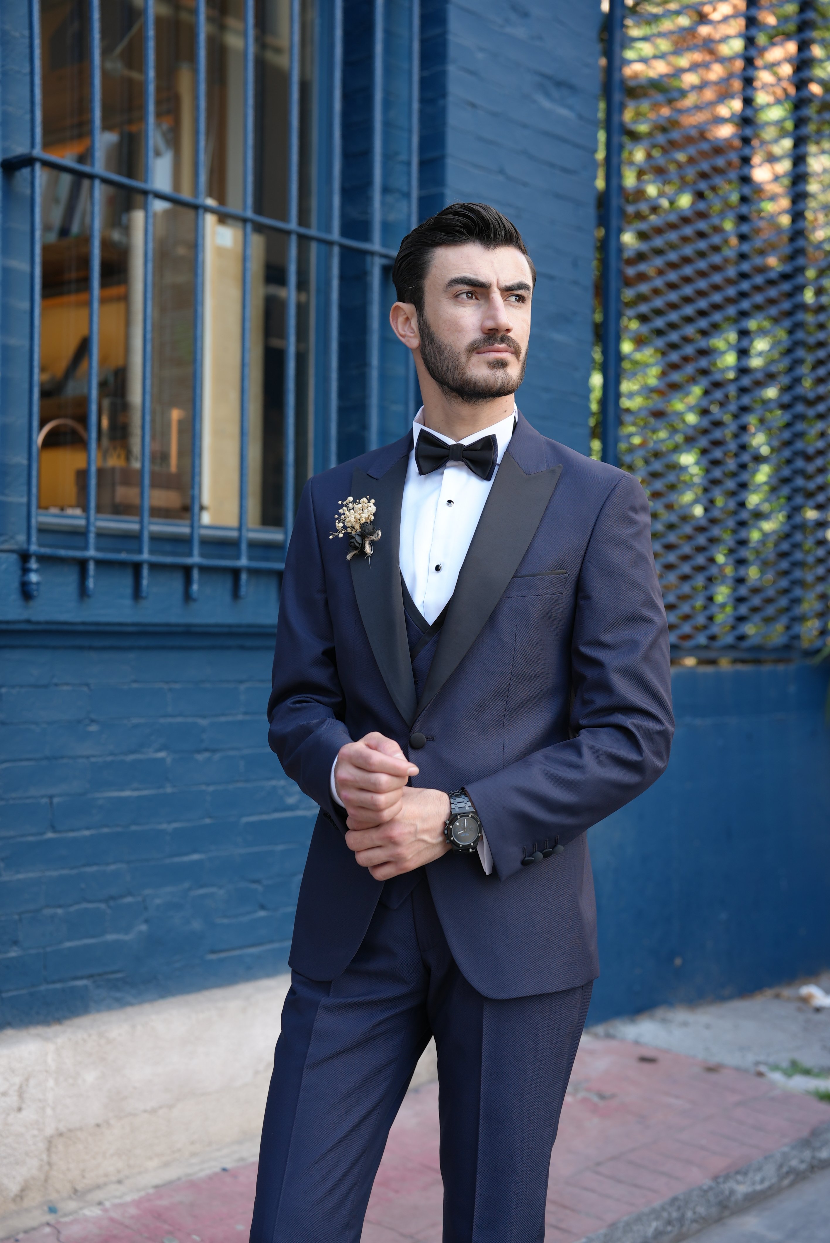 Slim Fit Damatlık Smokin Ceket Yelek Pantolon Papyon-Lacivert