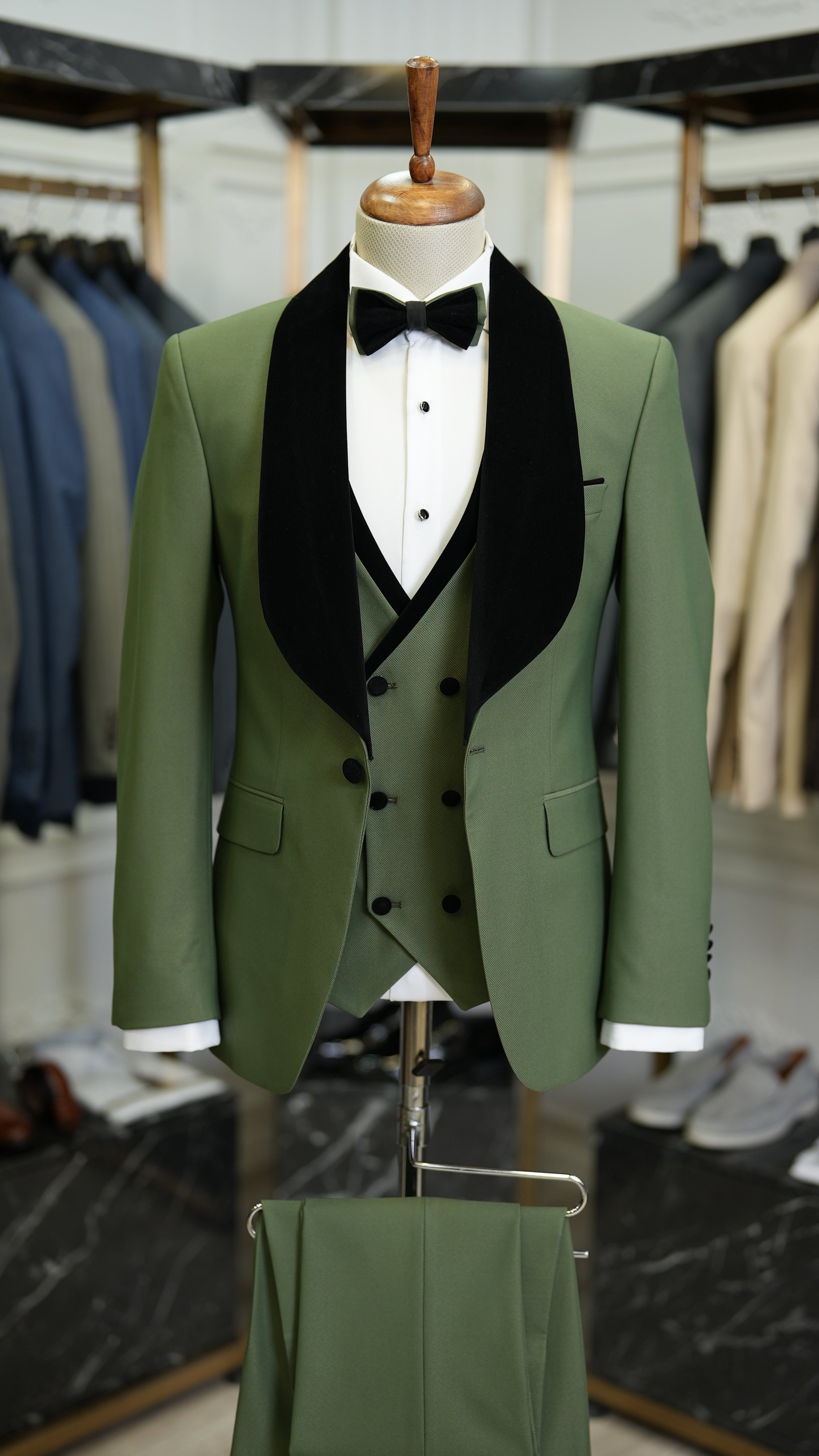 Slim Fit Damatlık Smokin Ceket Yelek Pantolon Papyon-Yeşil