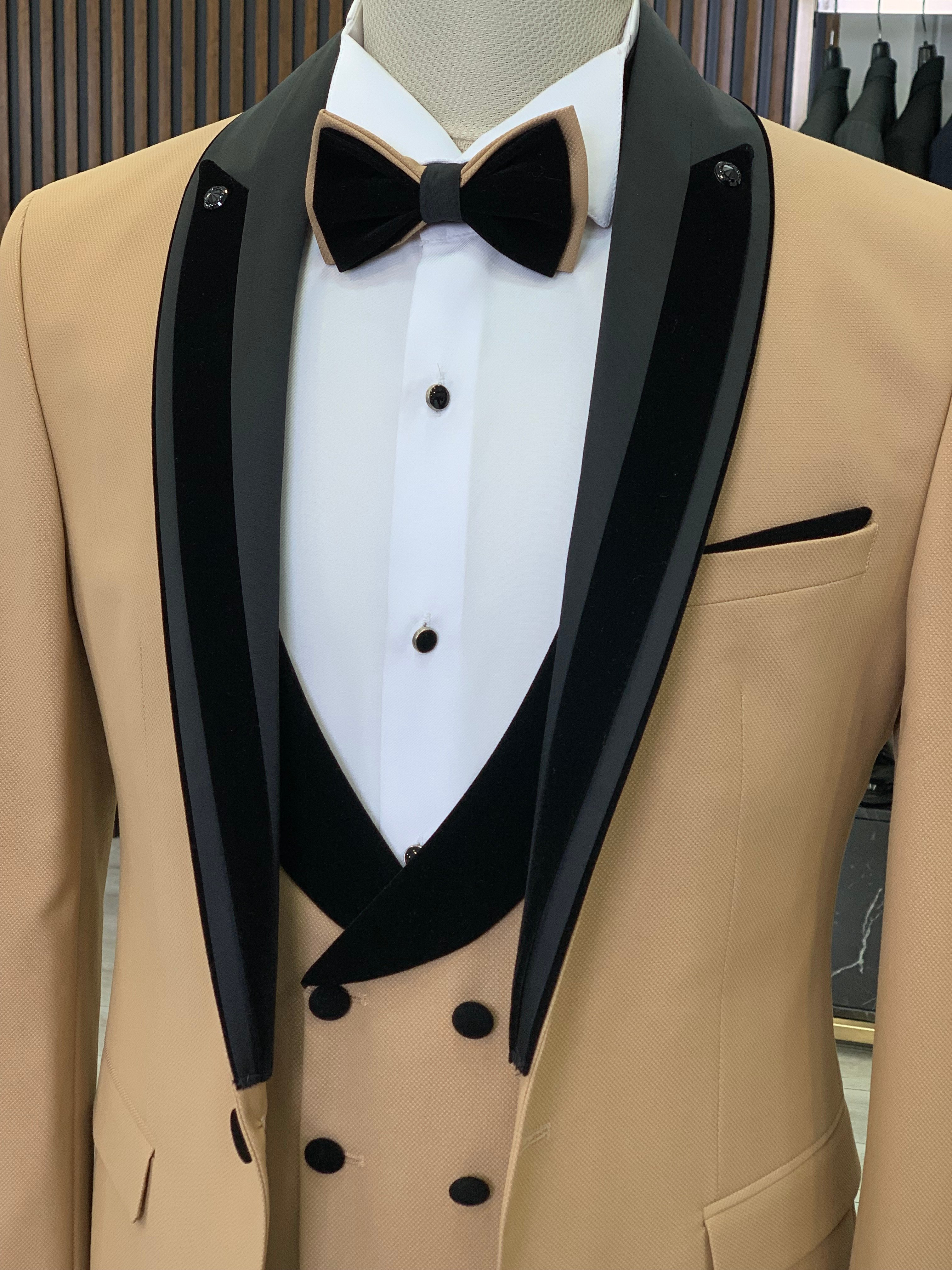 Slim Fit Damatlık Smokin Ceket Yelek Pantolon Papyon-Krem