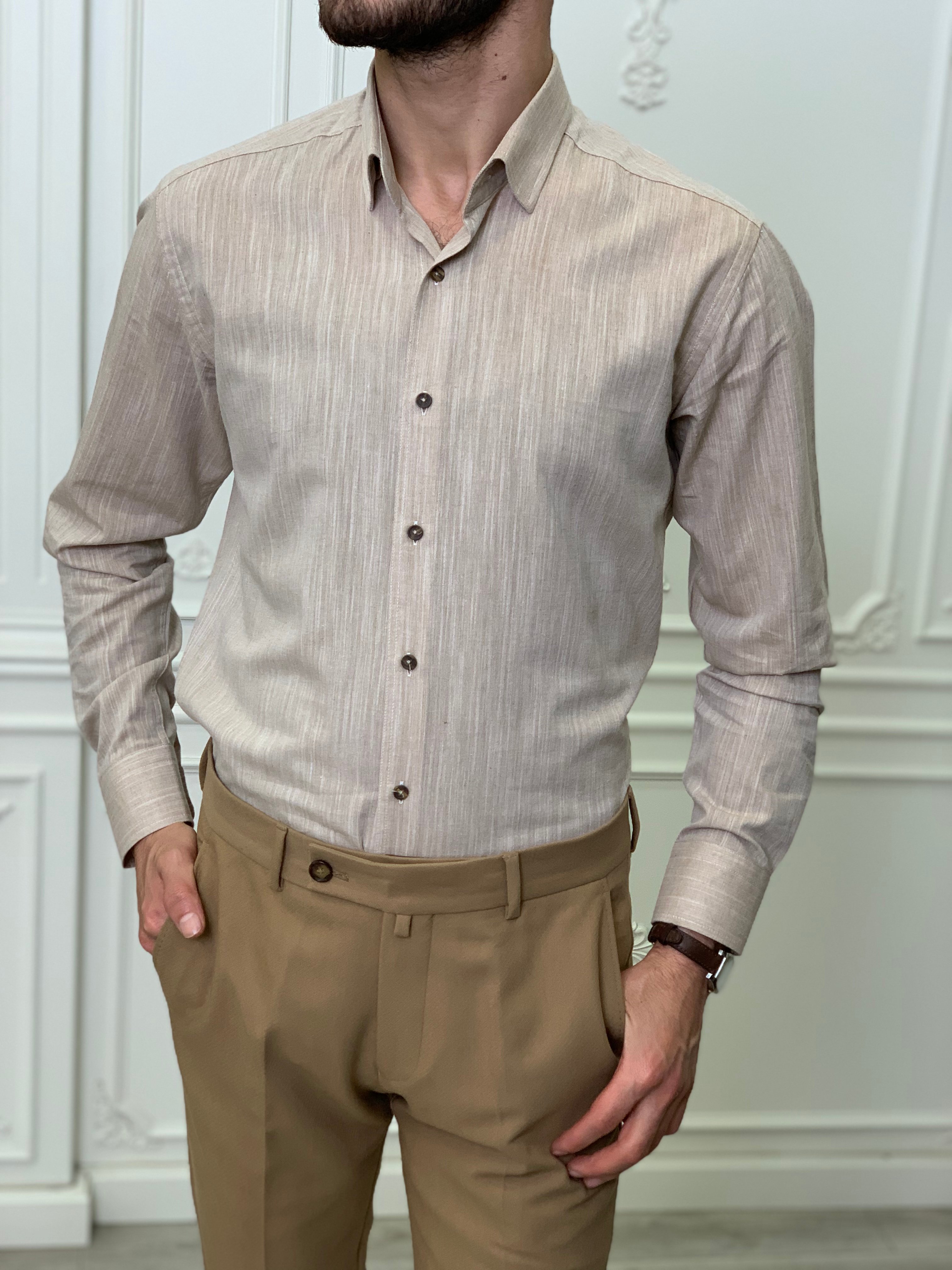Slim Fit İtalyan Kesim Erkek Gömlek-Kahve