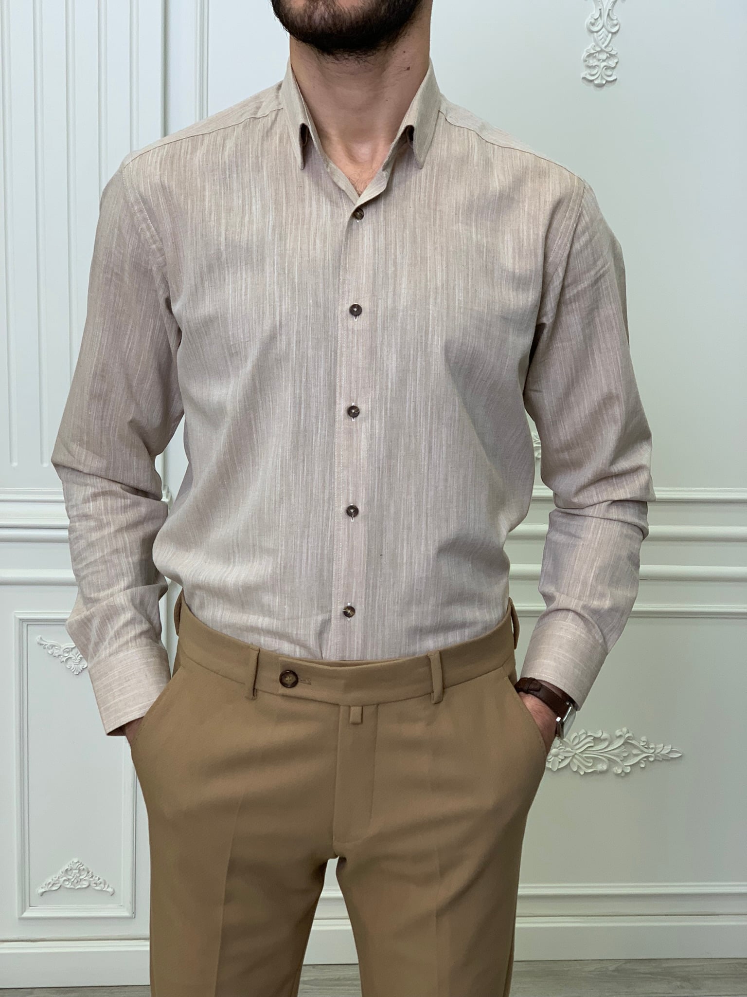 Slim Fit İtalyan Kesim Erkek Gömlek-Kahve