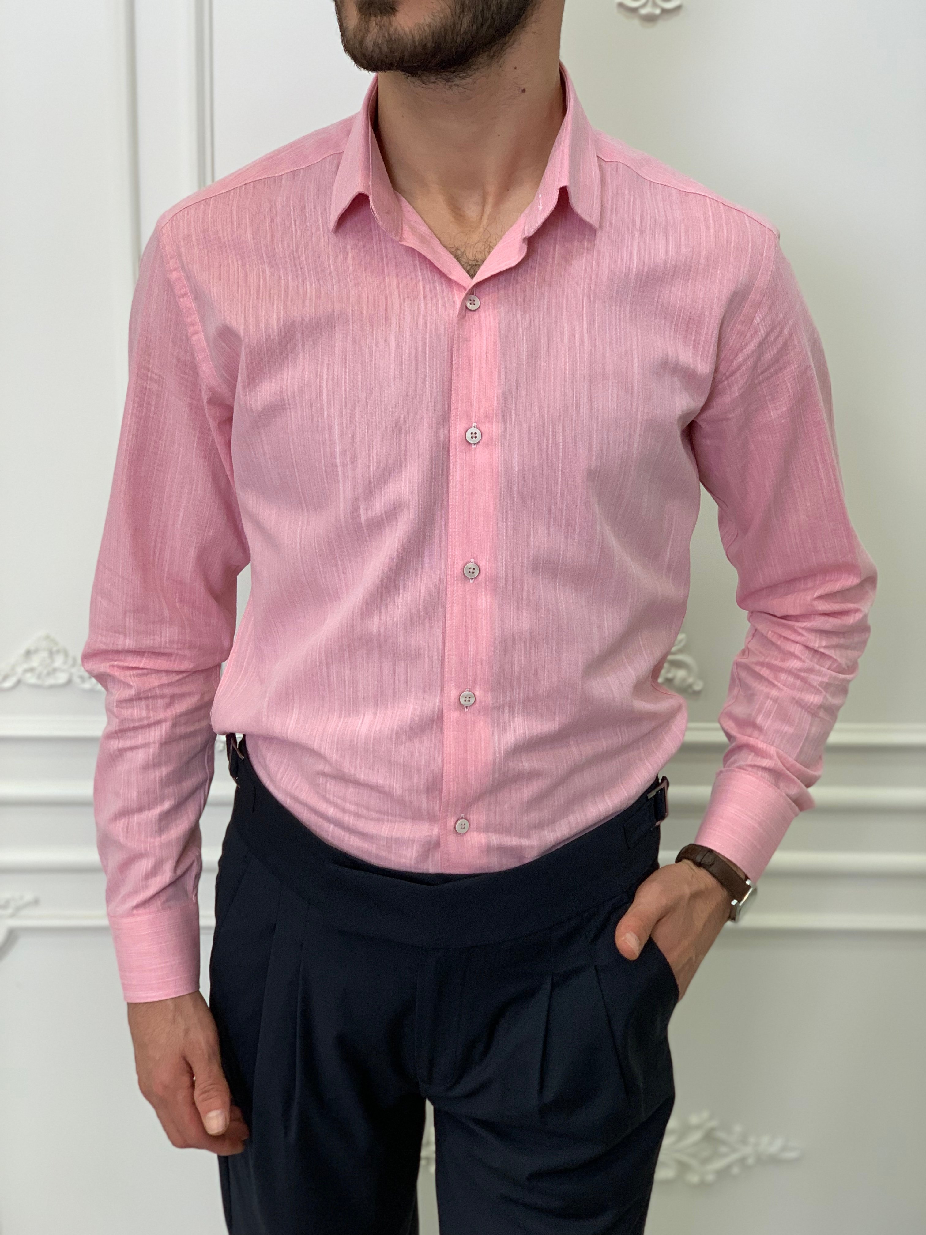 Slim Fit İtalyan Kesim Erkek Gömlek-Pembe