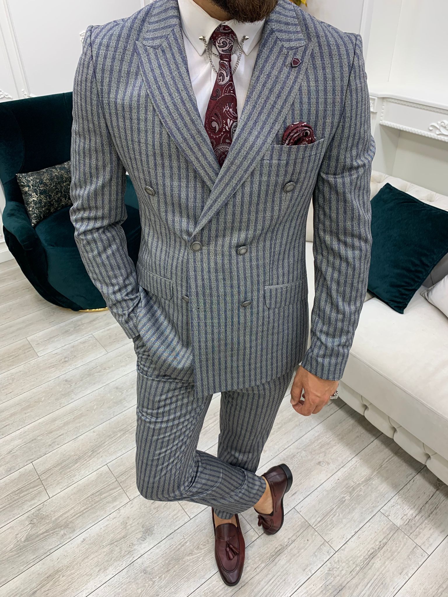 Pantaloni da giacca da abito slim fit doppiopetto - Grigi