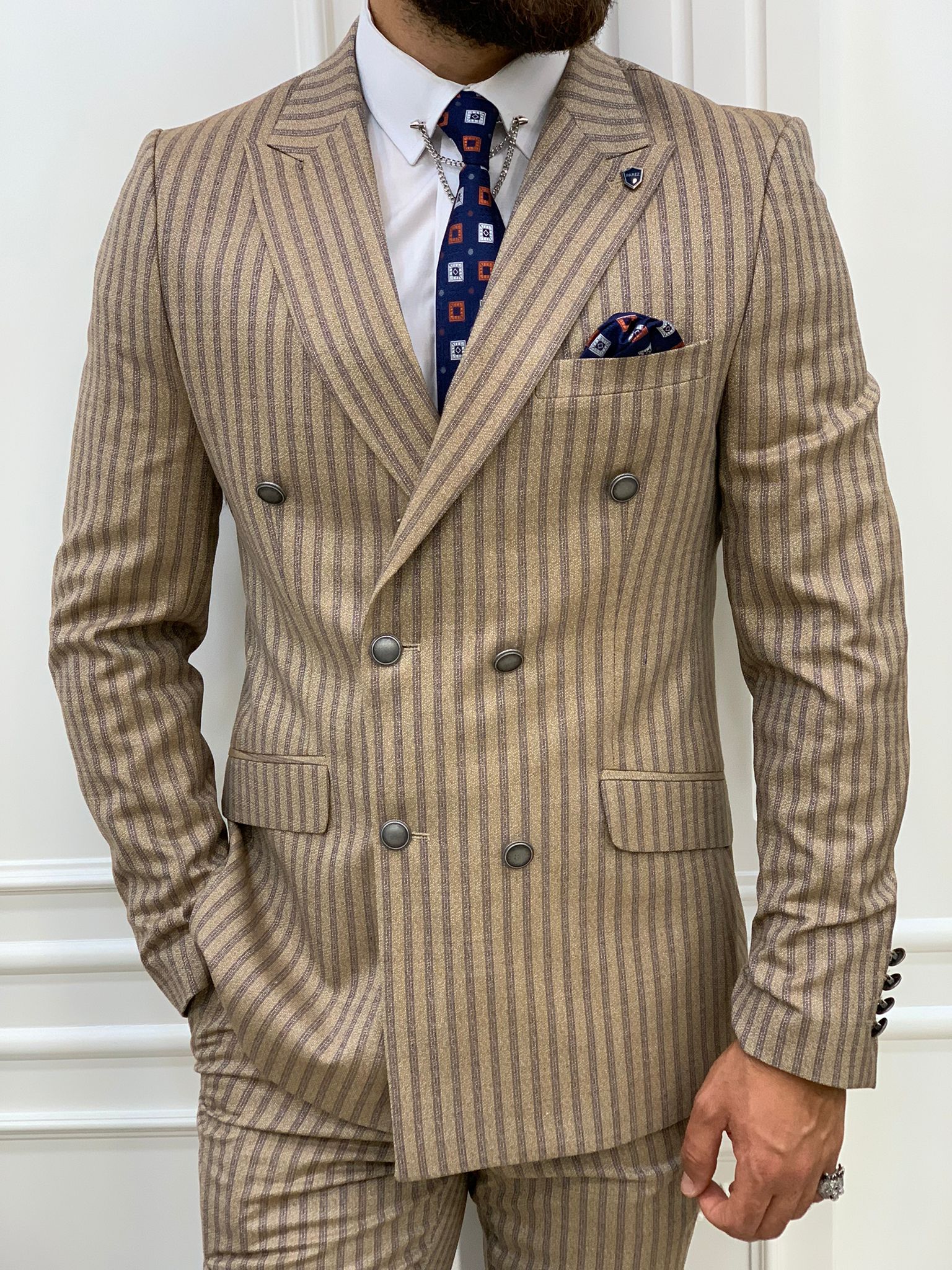 Slim Fit  Kruvaze Takım Elbise Ceket Pantolon - Sütlü Kahve