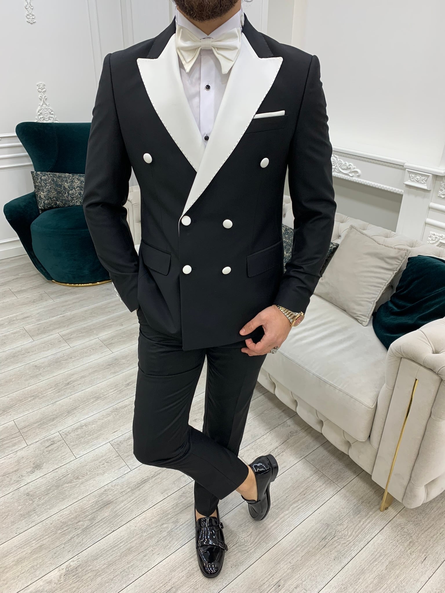 Giacca da sposo da smoking slim fit, pantaloni, papillon - Bianco