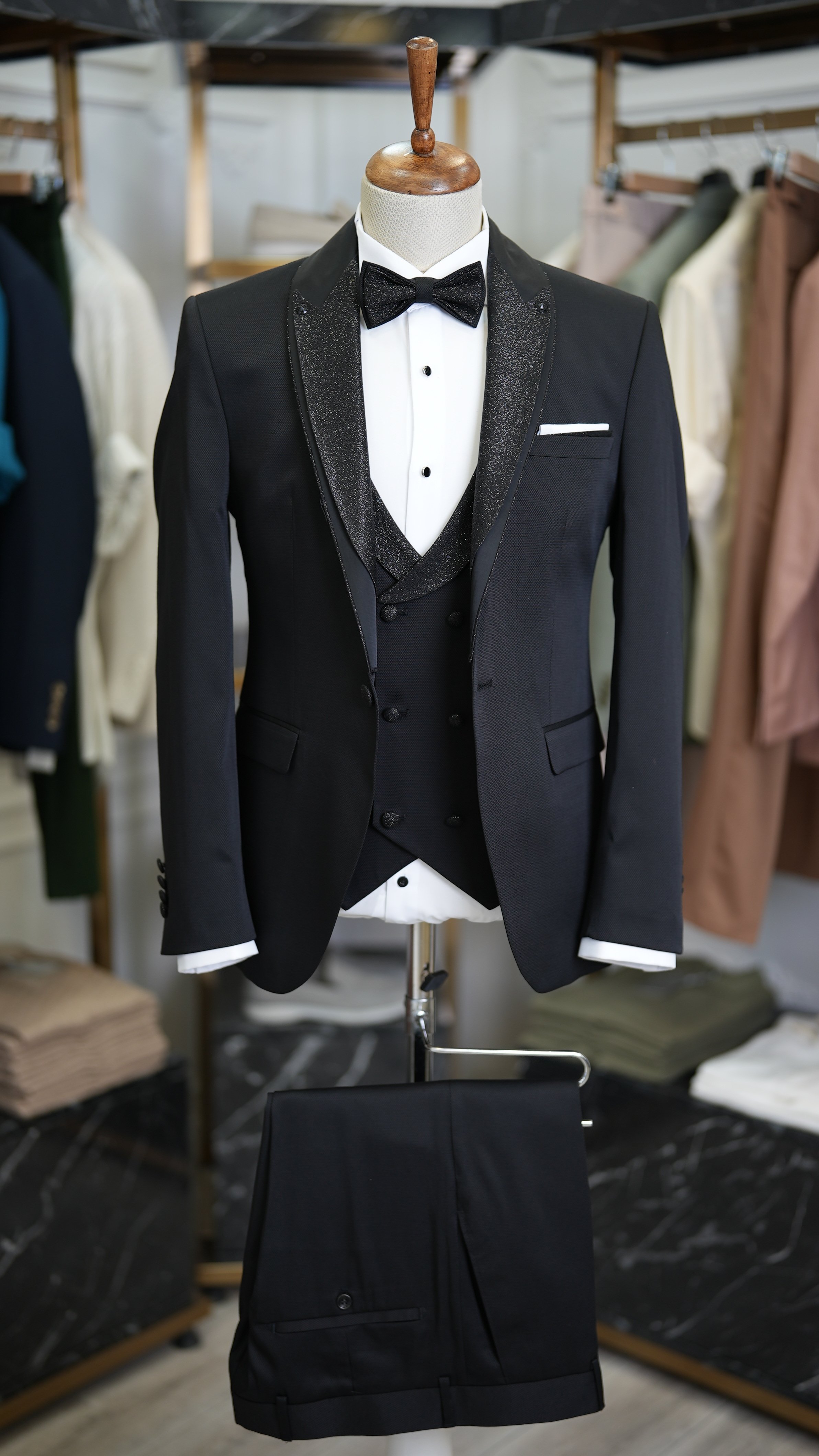 Slim Fit Smokin Damatlık Ceket Yelek Pantolon Papyon - Siyah