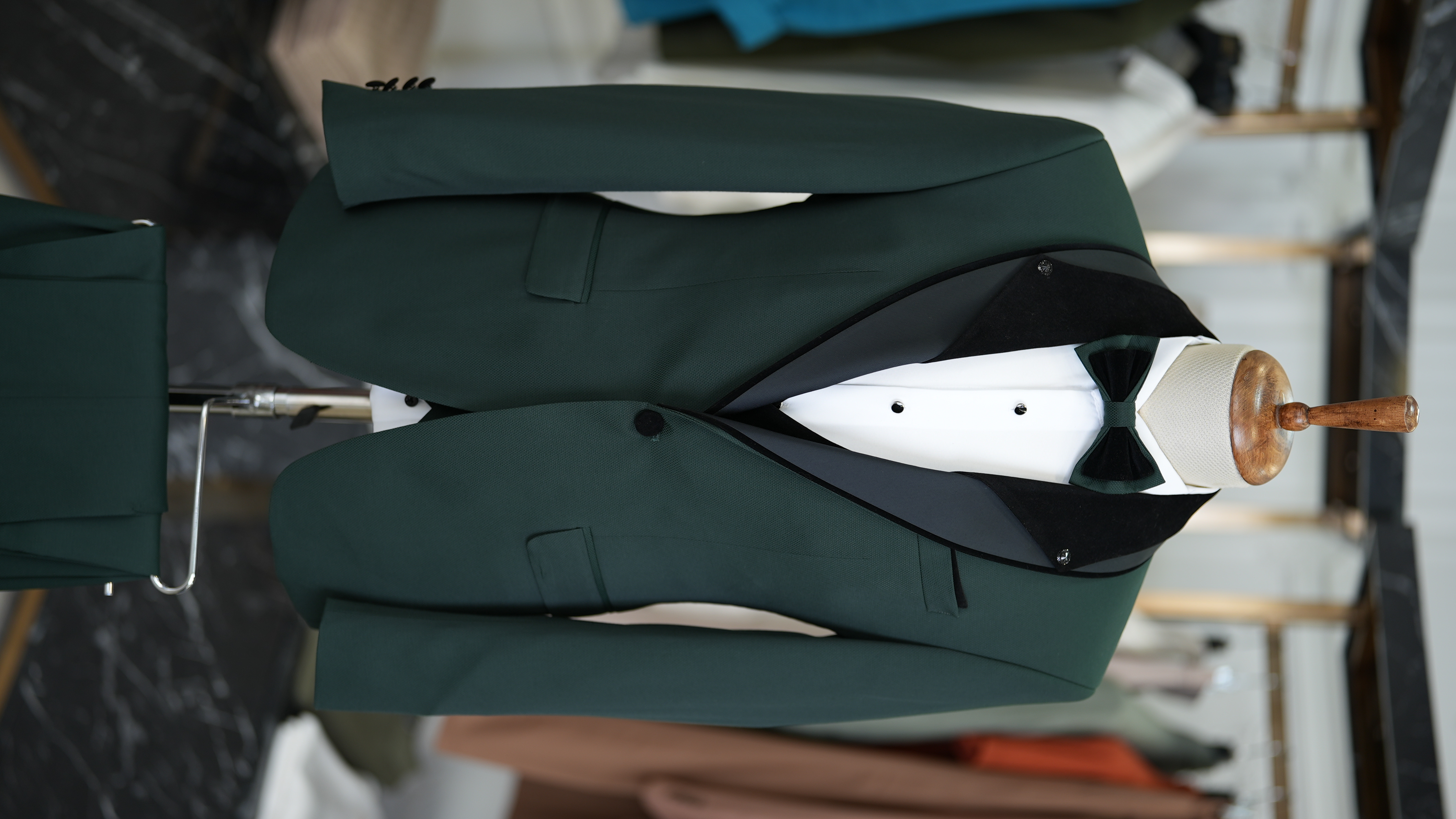 Slim Fit Smokin Damatlık Ceket Yelek Pantolon Papyon-Yeşil
