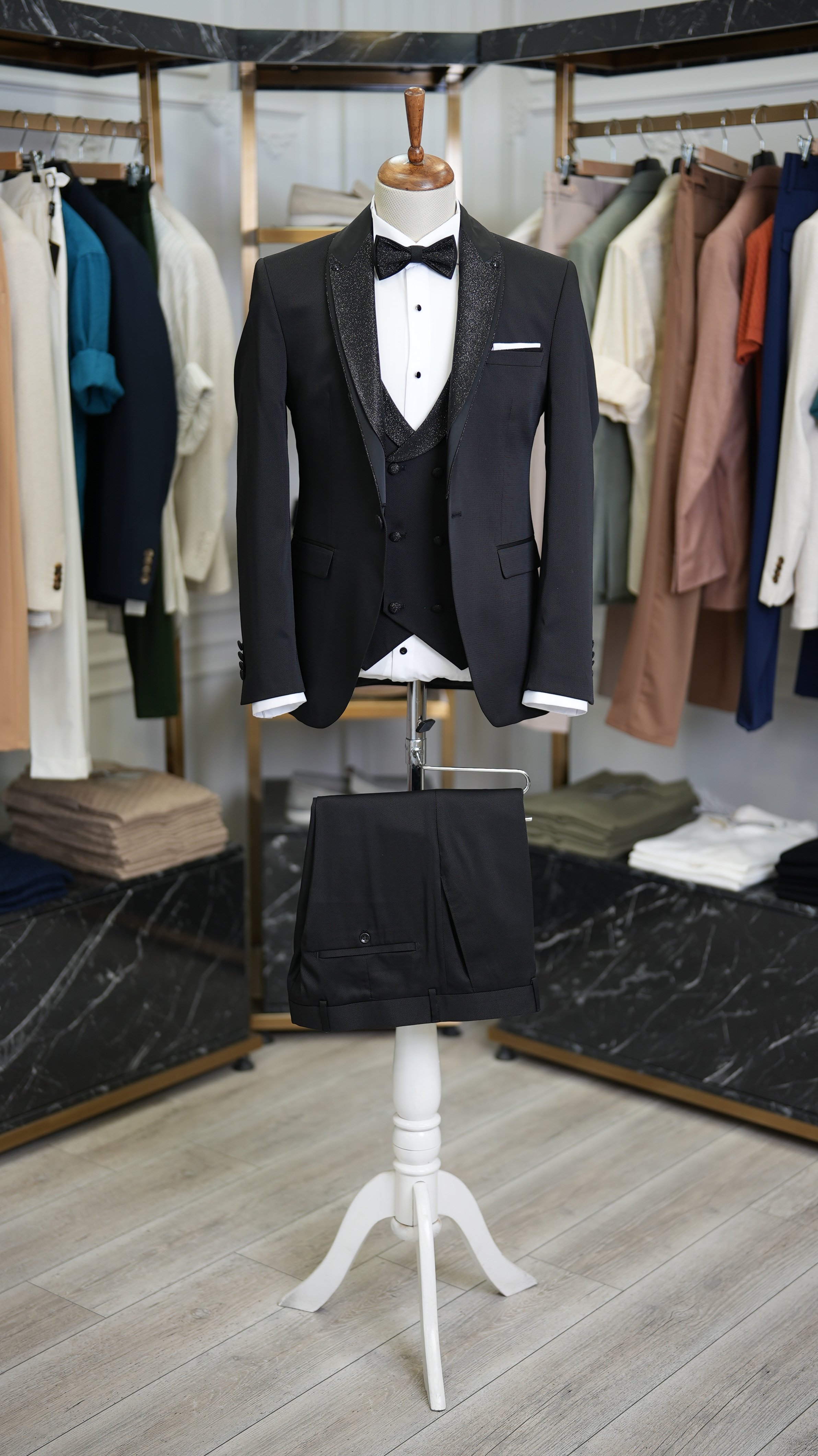 Slim Fit Smokin Damatlık Ceket Yelek Pantolon Papyon - Siyah