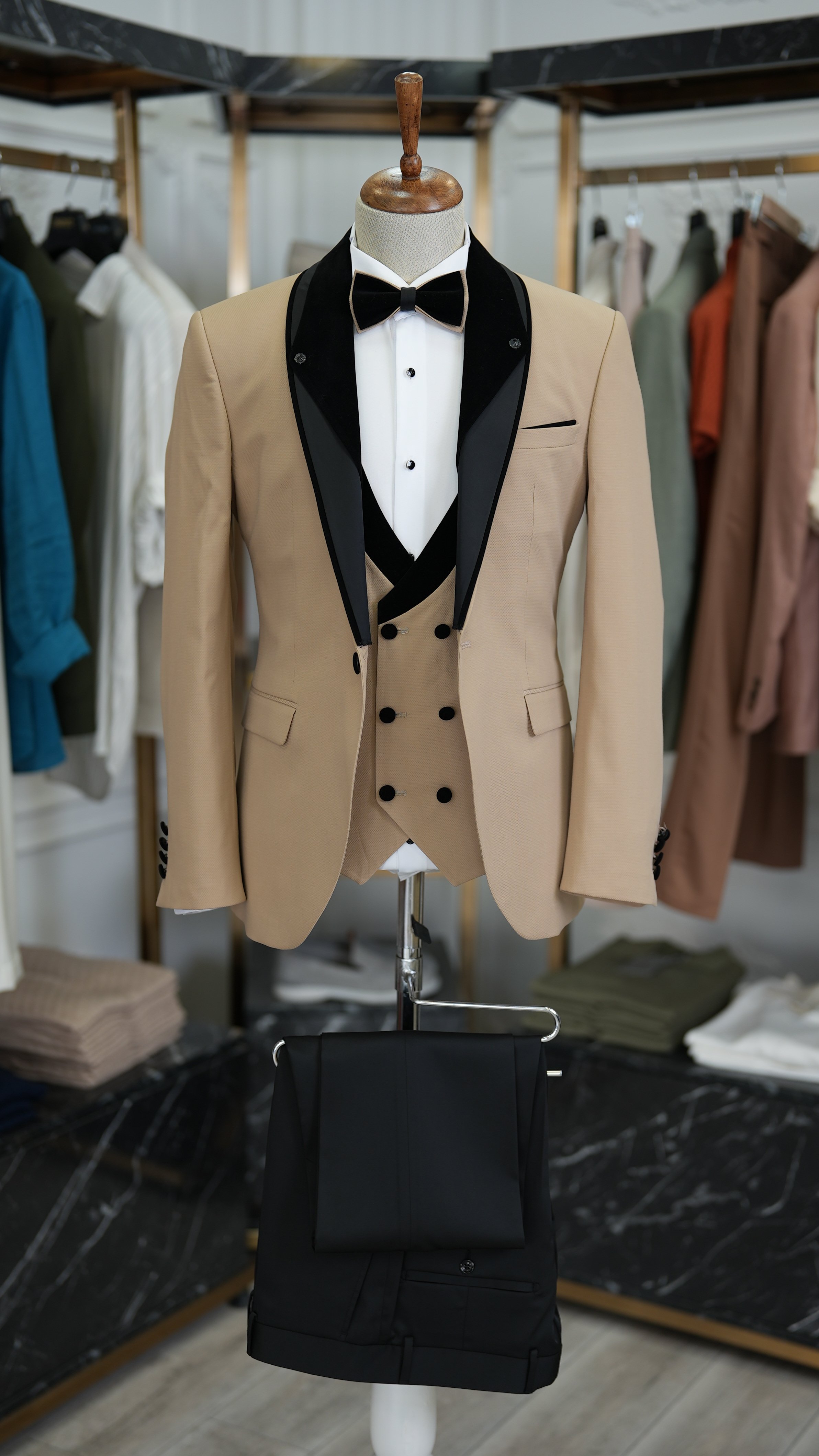 Slim Fit Smokin Damatlık Ceket Yelek Pantolon Papyon-Krem