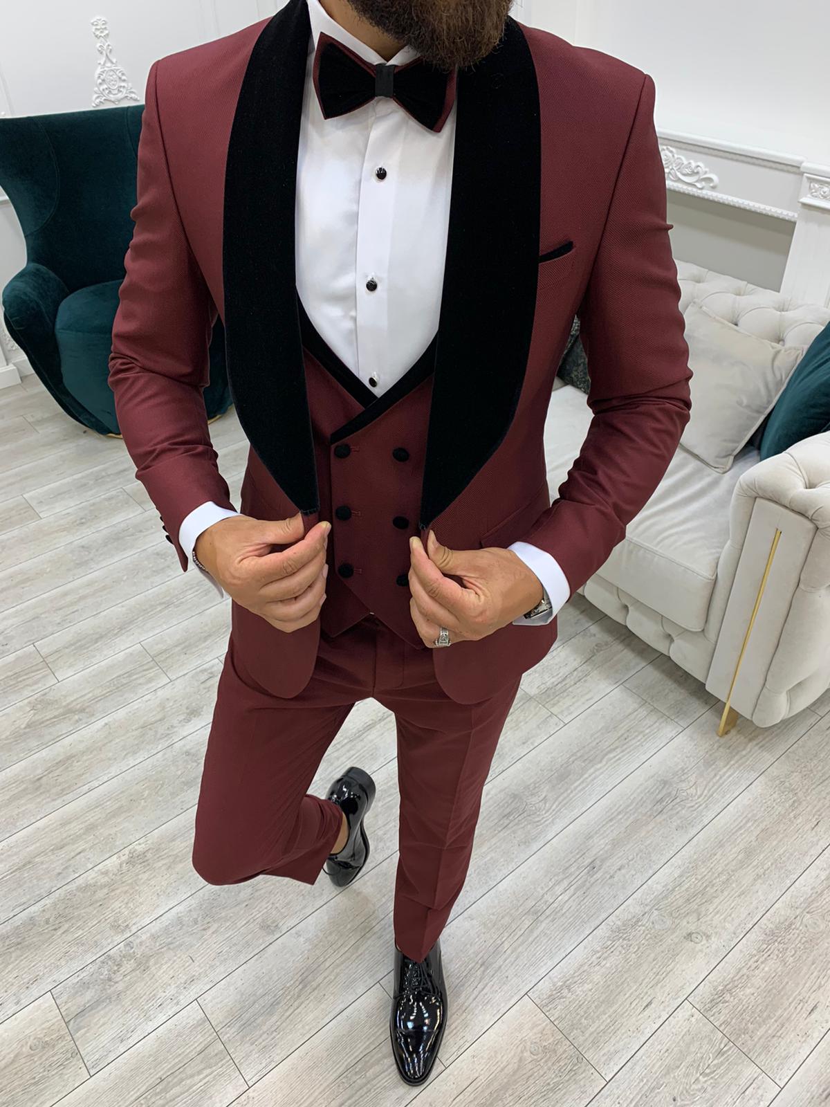 Slim Fit Smokin Damatlık Ceket Yelek Pantolon Papyon-Bordo