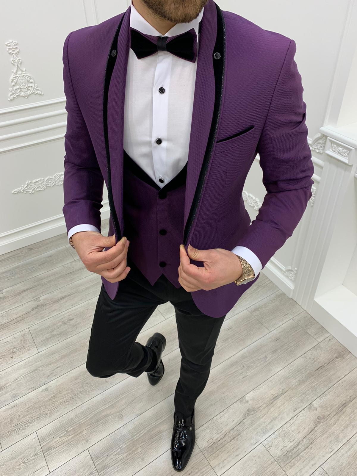 Slim Fit Tuxedo Grooms Jacket Vest Trousers Bow Tie - Purple